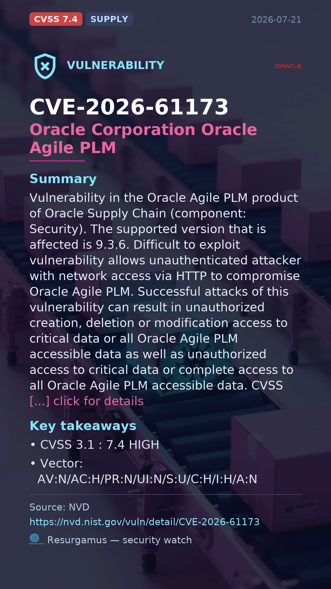 CVE-2026-61173 Oracle Corporation Oracle Agile PLM Vulnerability