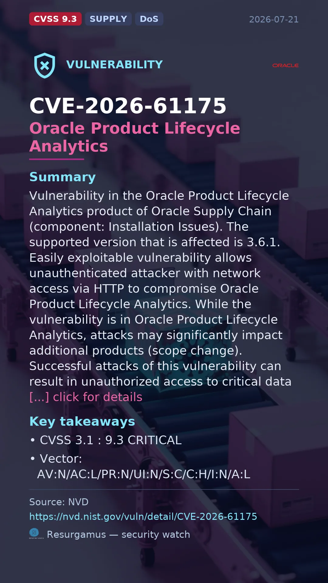 CVE-2026-61175 Oracle Product Lifecycle Analytics Vulnerability
