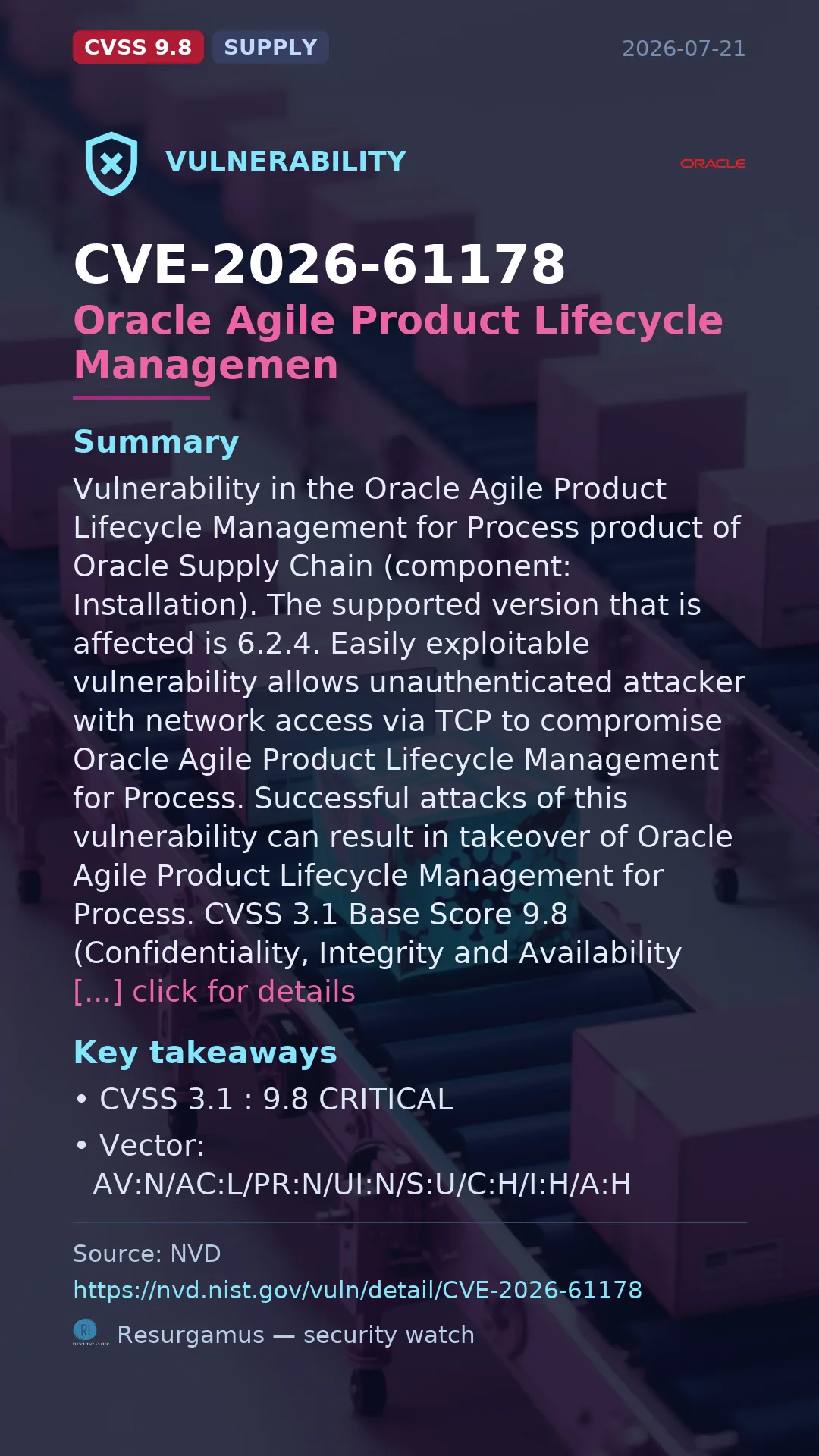 CVE-2026-61178 Oracle Agile Product Lifecycle Managemen Vulnerability