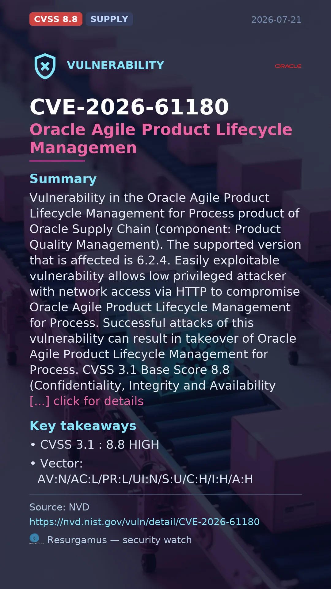 CVE-2026-61180 Oracle Agile Product Lifecycle Managemen Vulnerability