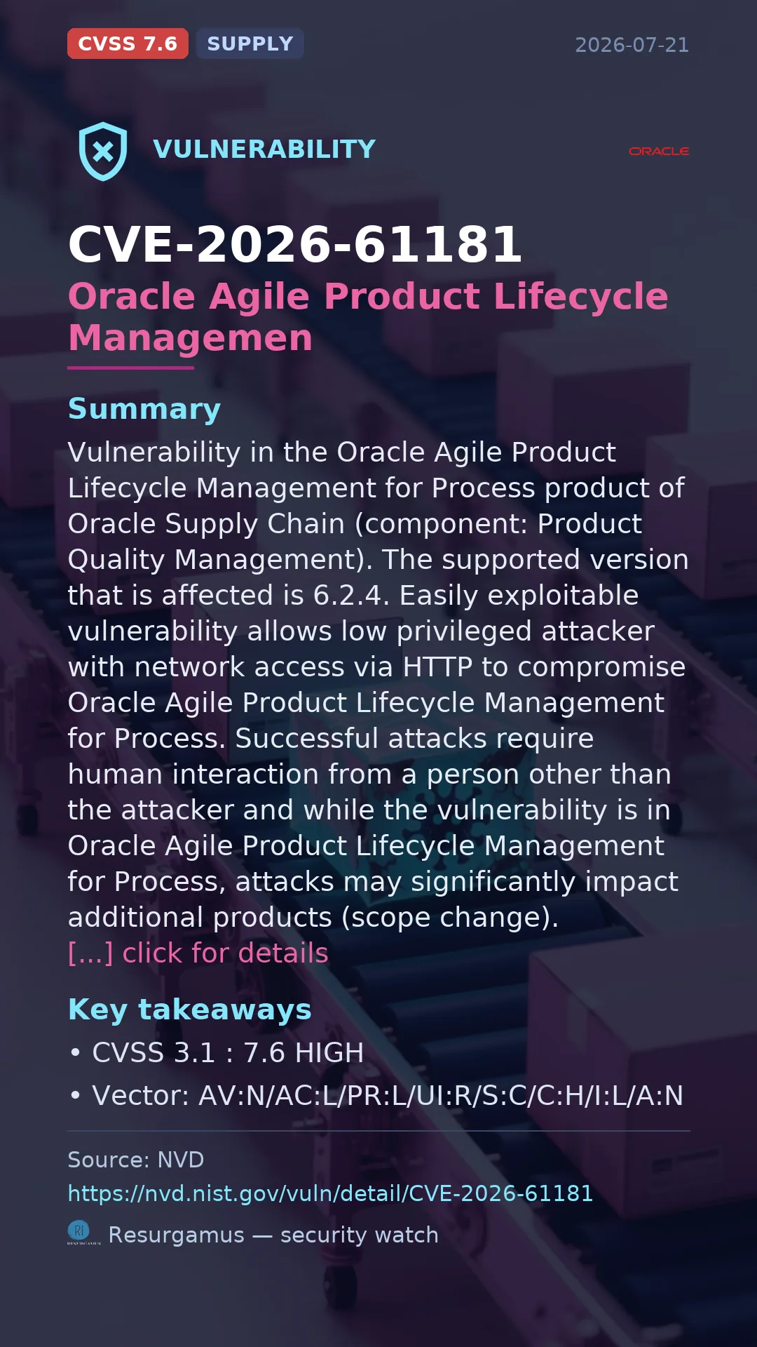 CVE-2026-61181 Oracle Agile Product Lifecycle Managemen Vulnerability