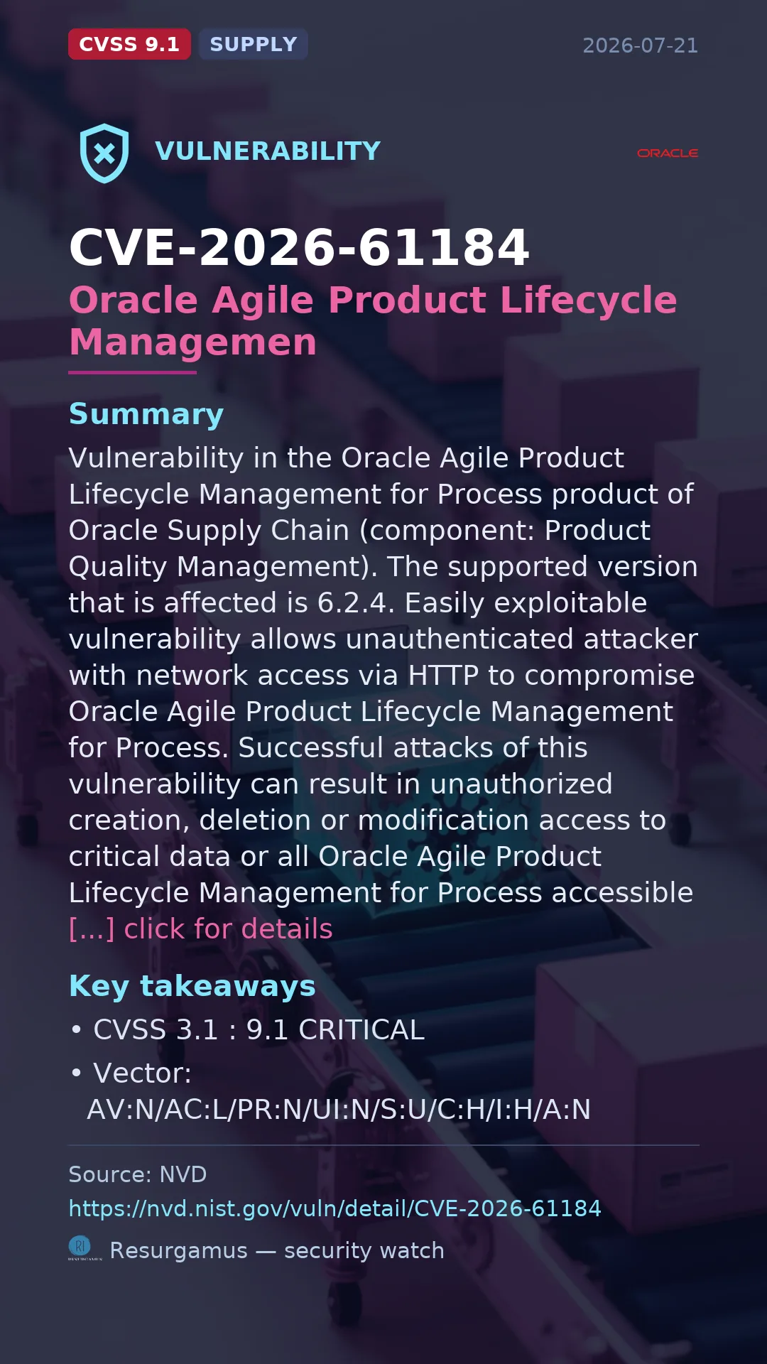 CVE-2026-61184 Oracle Agile Product Lifecycle Managemen Vulnerability
