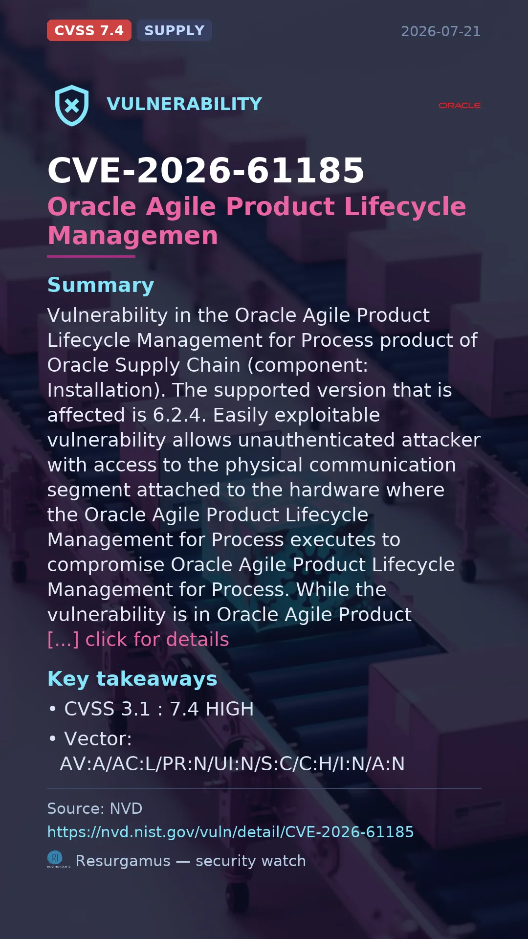 CVE-2026-61185 Oracle Agile Product Lifecycle Managemen Vulnerability