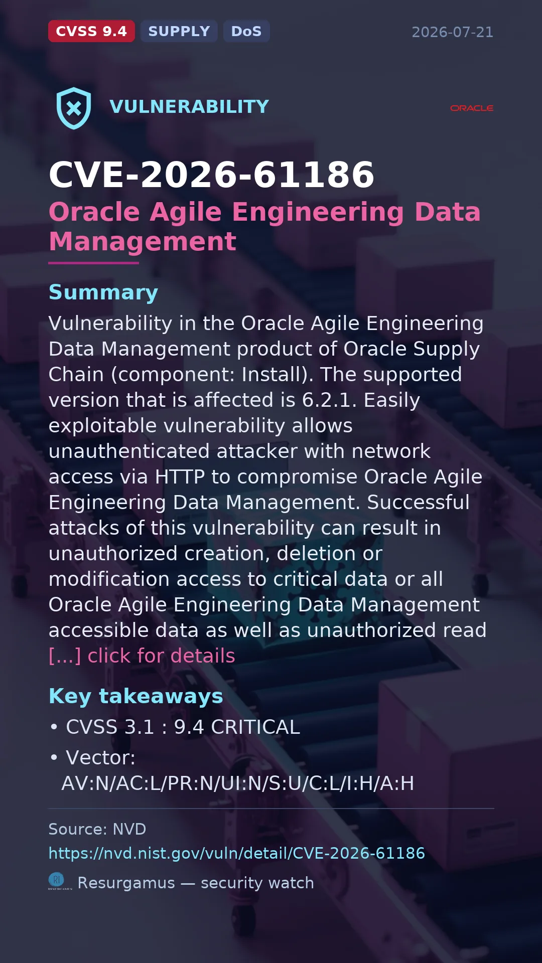 CVE-2026-61186 Oracle Agile Engineering Data Management Vulnerability