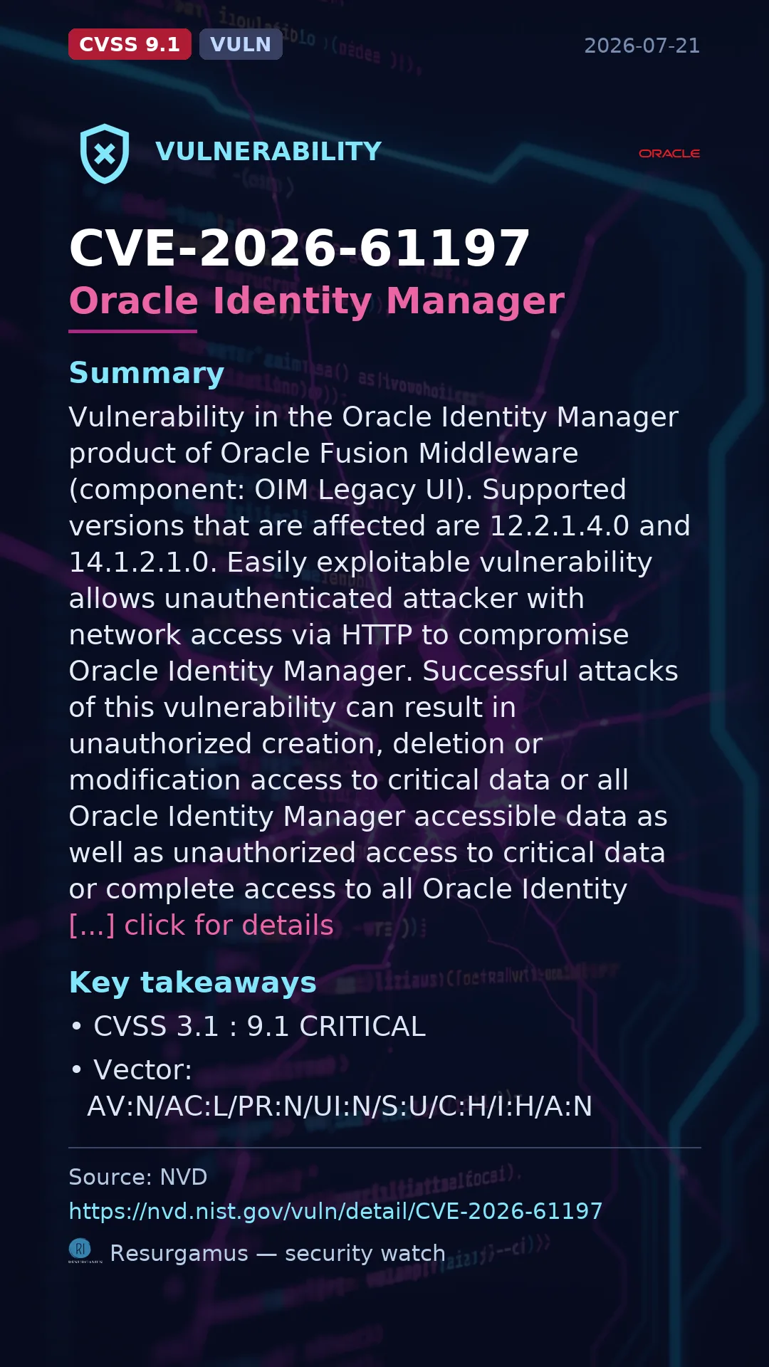 CVE-2026-61197 Oracle Identity Manager Vulnerability