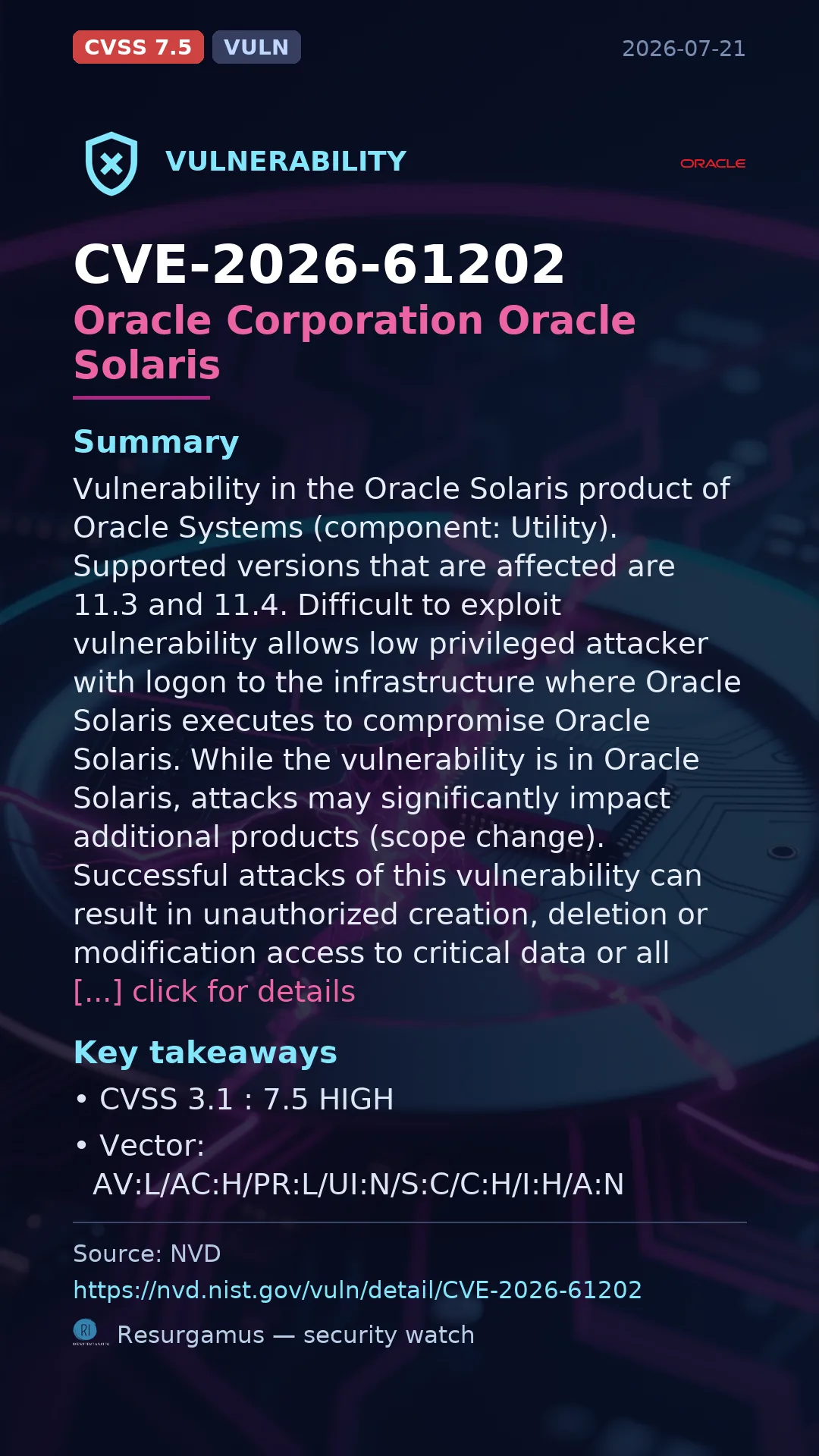 CVE-2026-61202 Oracle Corporation Oracle Solaris Vulnerability