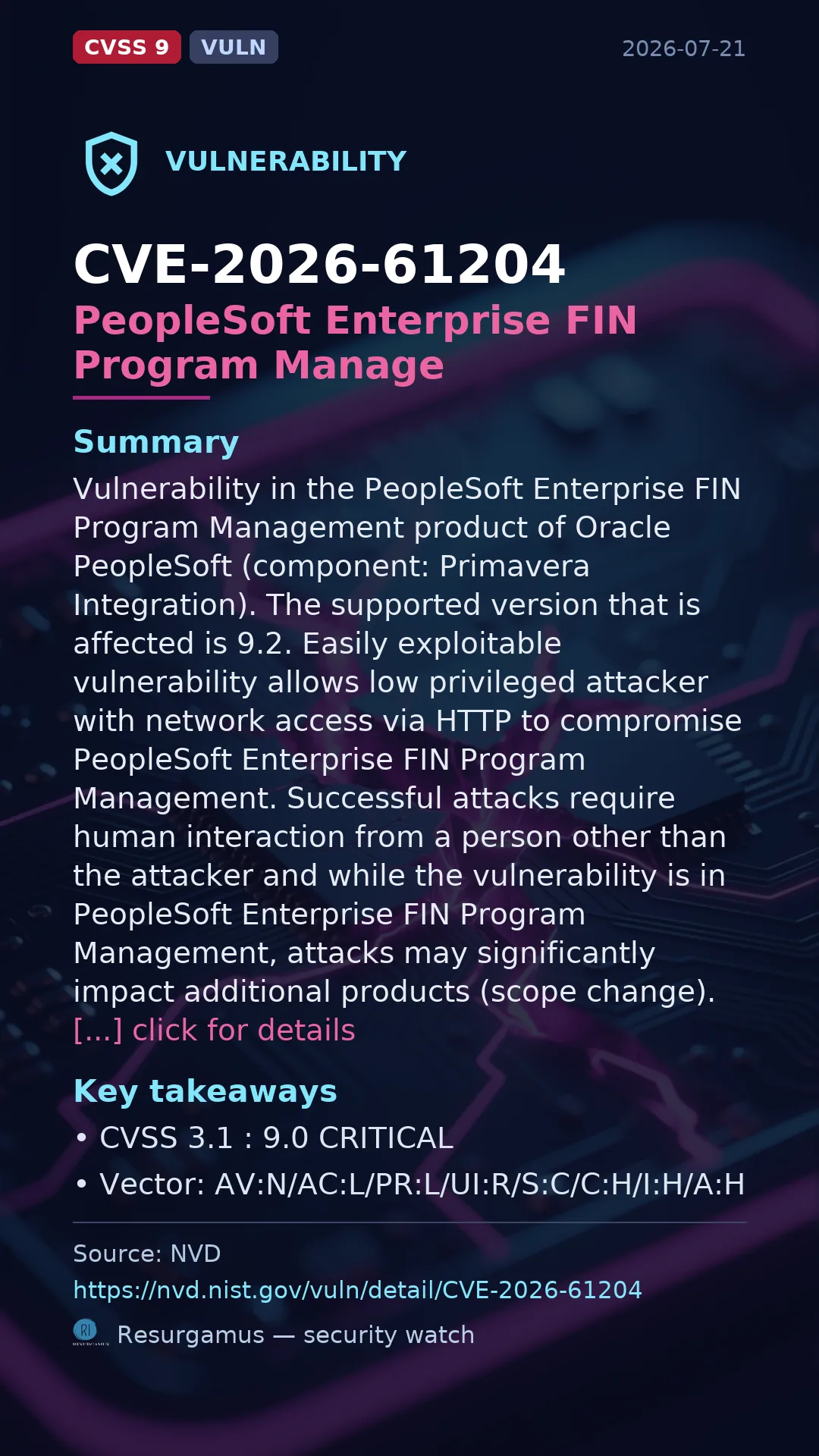 CVE-2026-61204 PeopleSoft Enterprise FIN Program Manage Vulnerability