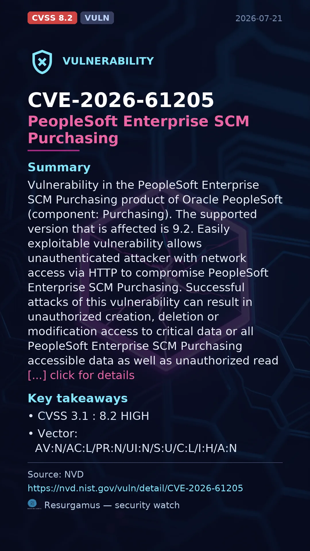 CVE-2026-61205 PeopleSoft Enterprise SCM Purchasing Vulnerability