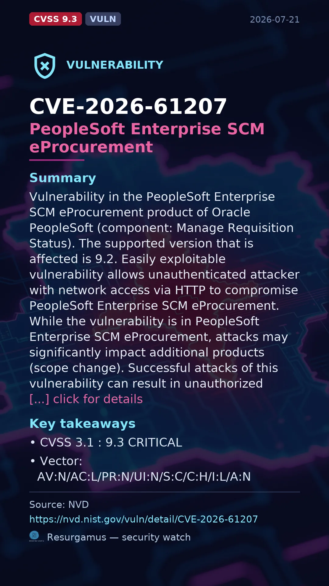 CVE-2026-61207 PeopleSoft Enterprise SCM eProcurement Vulnerability