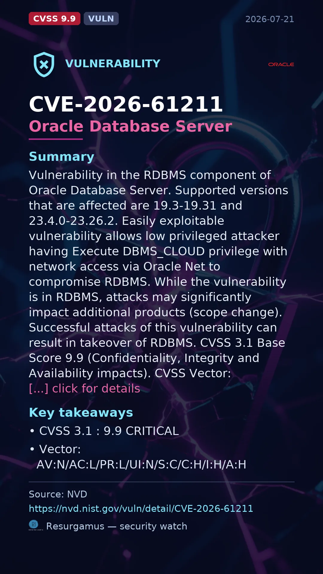 CVE-2026-61211 Oracle Database Server Vulnerability
