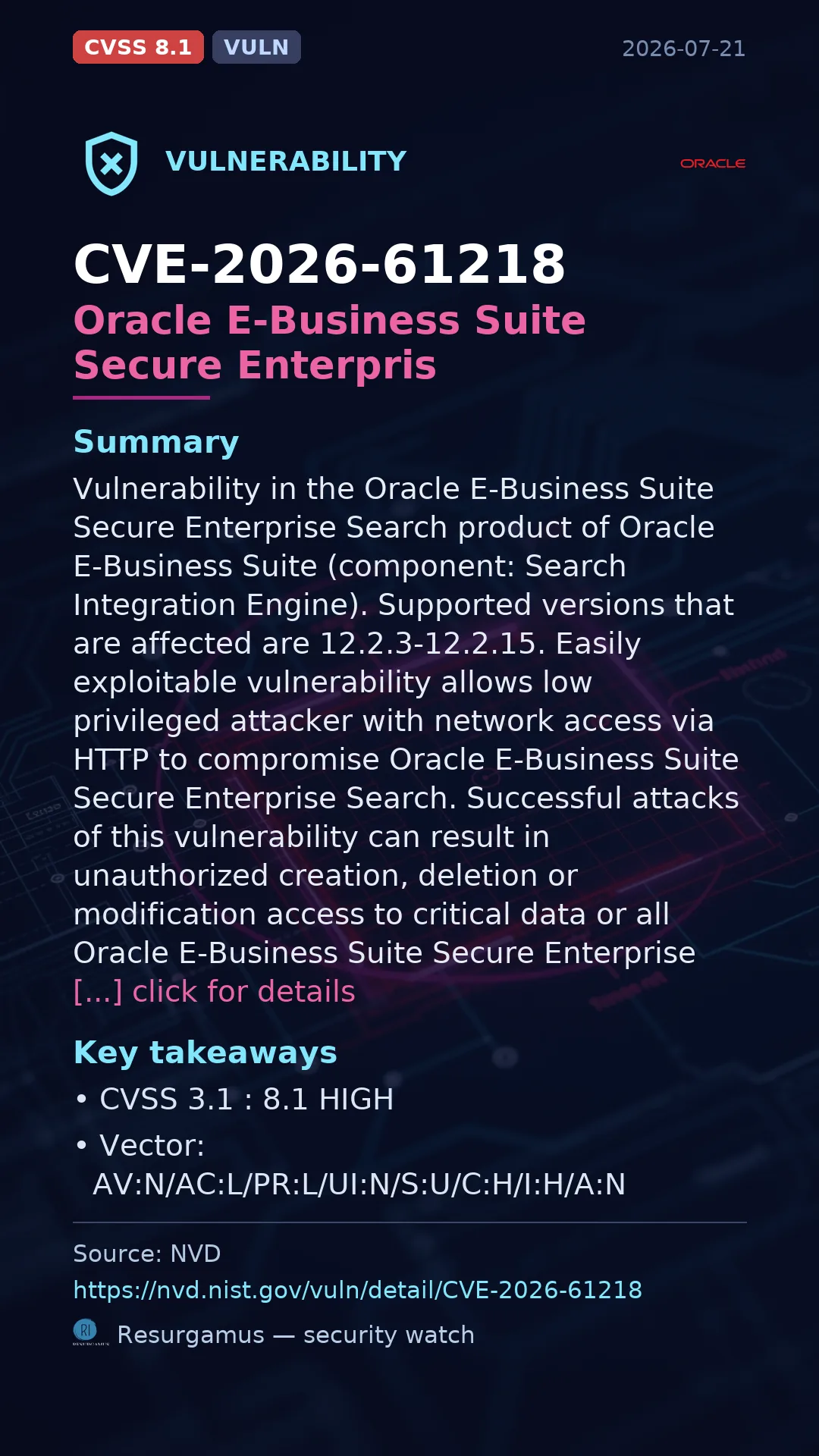 CVE-2026-61218 Oracle E-Business Suite Secure Enterpris Vulnerability