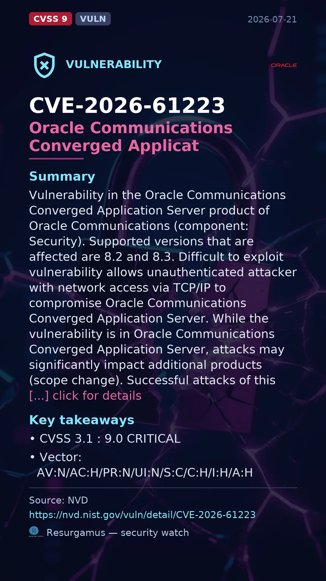 CVE-2026-61223 Oracle Communications Converged Applicat Vulnerability