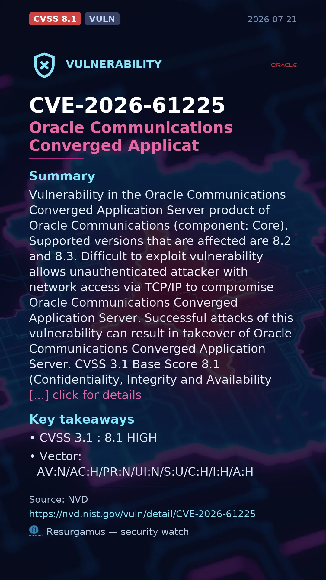 CVE-2026-61225 Oracle Communications Converged Applicat Vulnerability