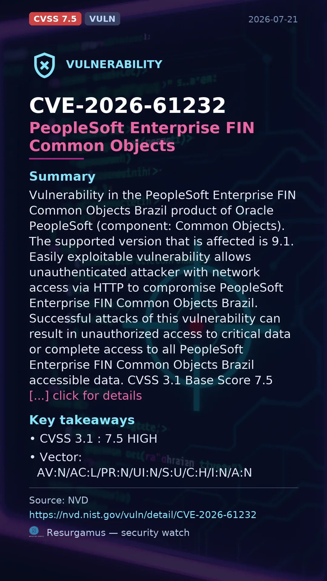 CVE-2026-61232 PeopleSoft Enterprise FIN Common Objects Vulnerability