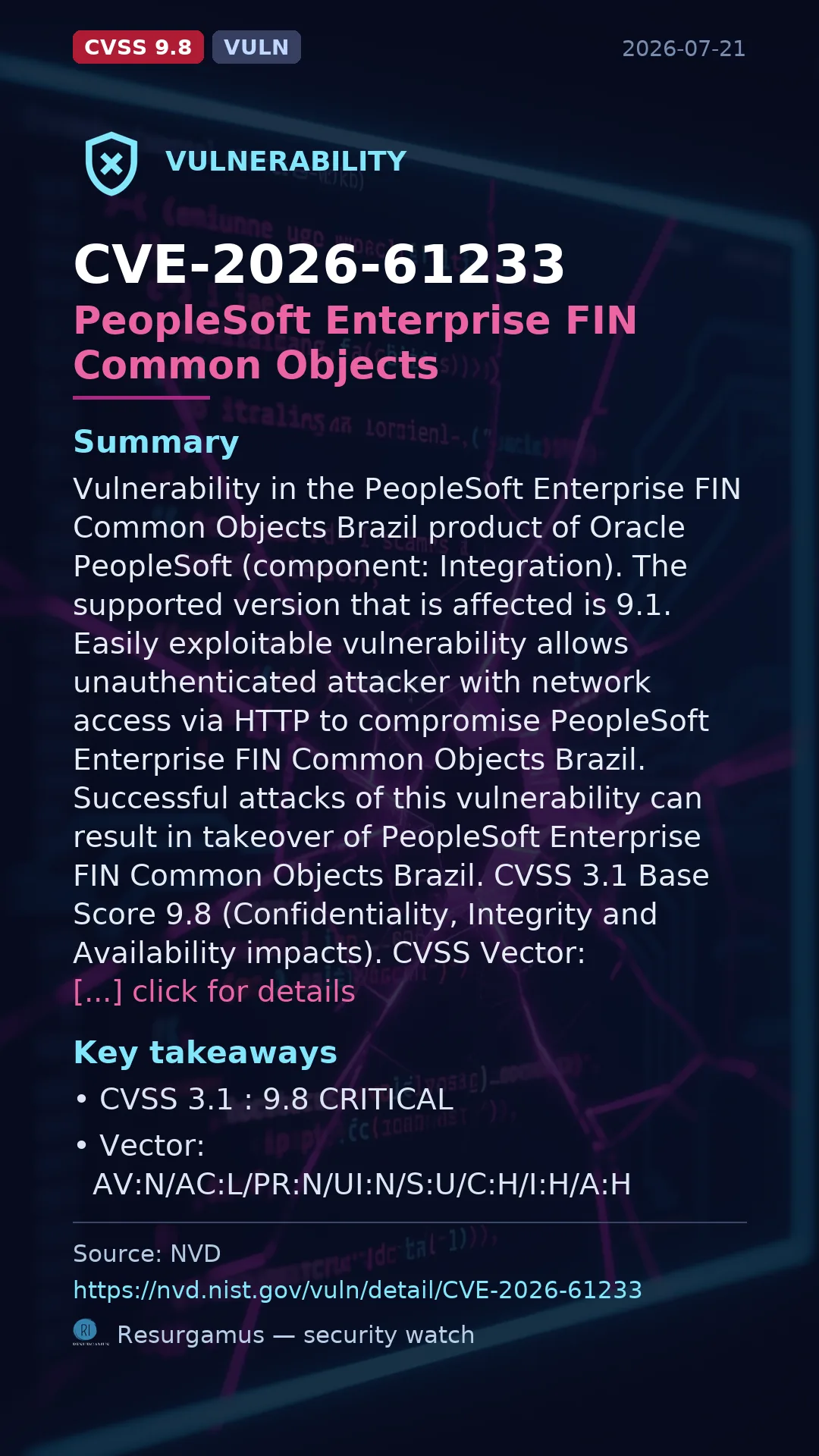 CVE-2026-61233 PeopleSoft Enterprise FIN Common Objects Vulnerability
