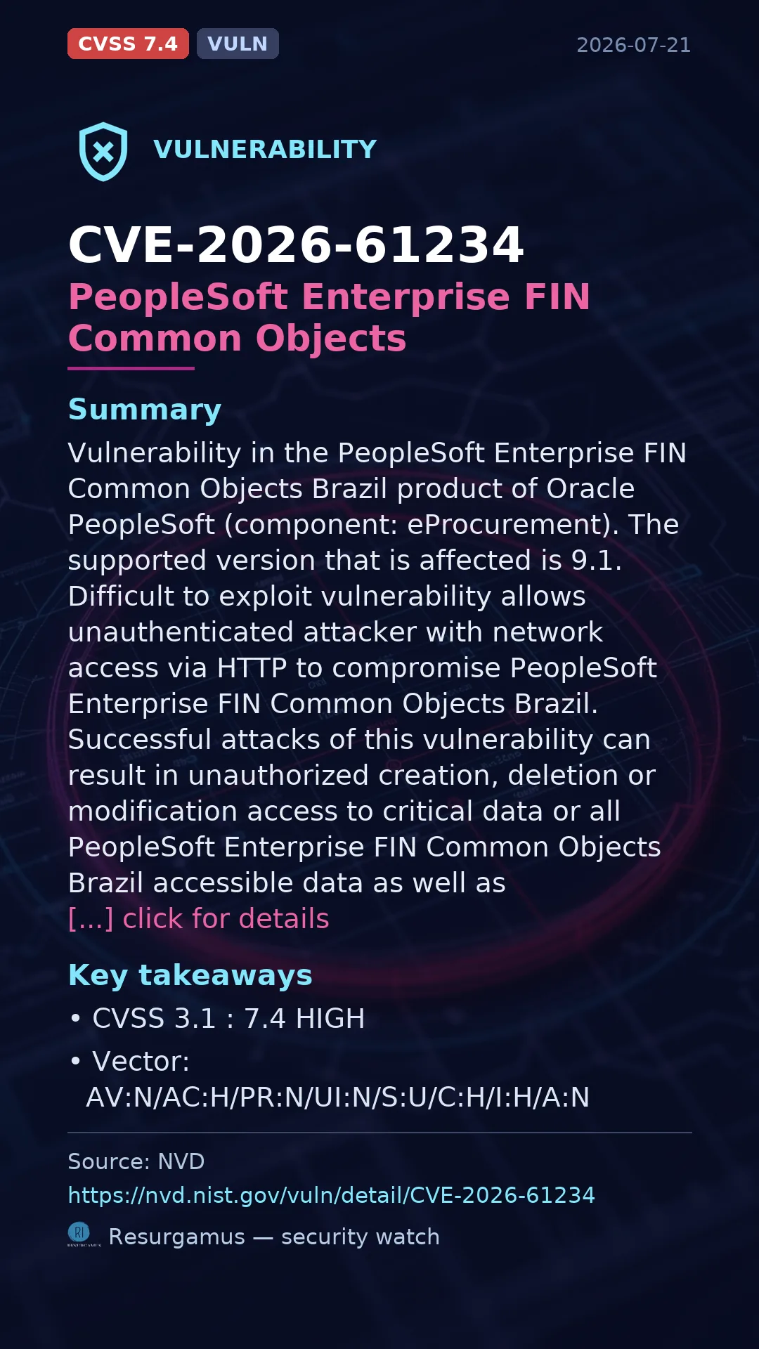 CVE-2026-61234 PeopleSoft Enterprise FIN Common Objects Vulnerability