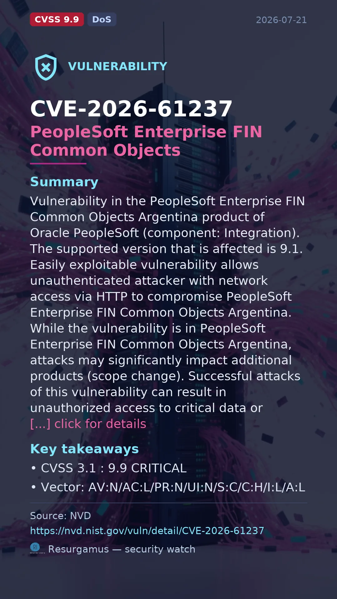 CVE-2026-61237 PeopleSoft Enterprise FIN Common Objects Vulnerability