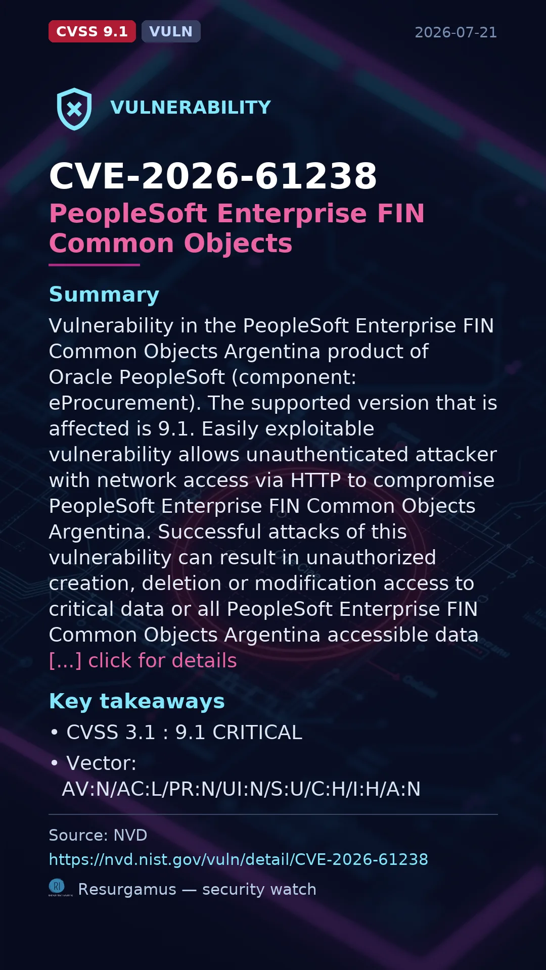 CVE-2026-61238 PeopleSoft Enterprise FIN Common Objects Vulnerability