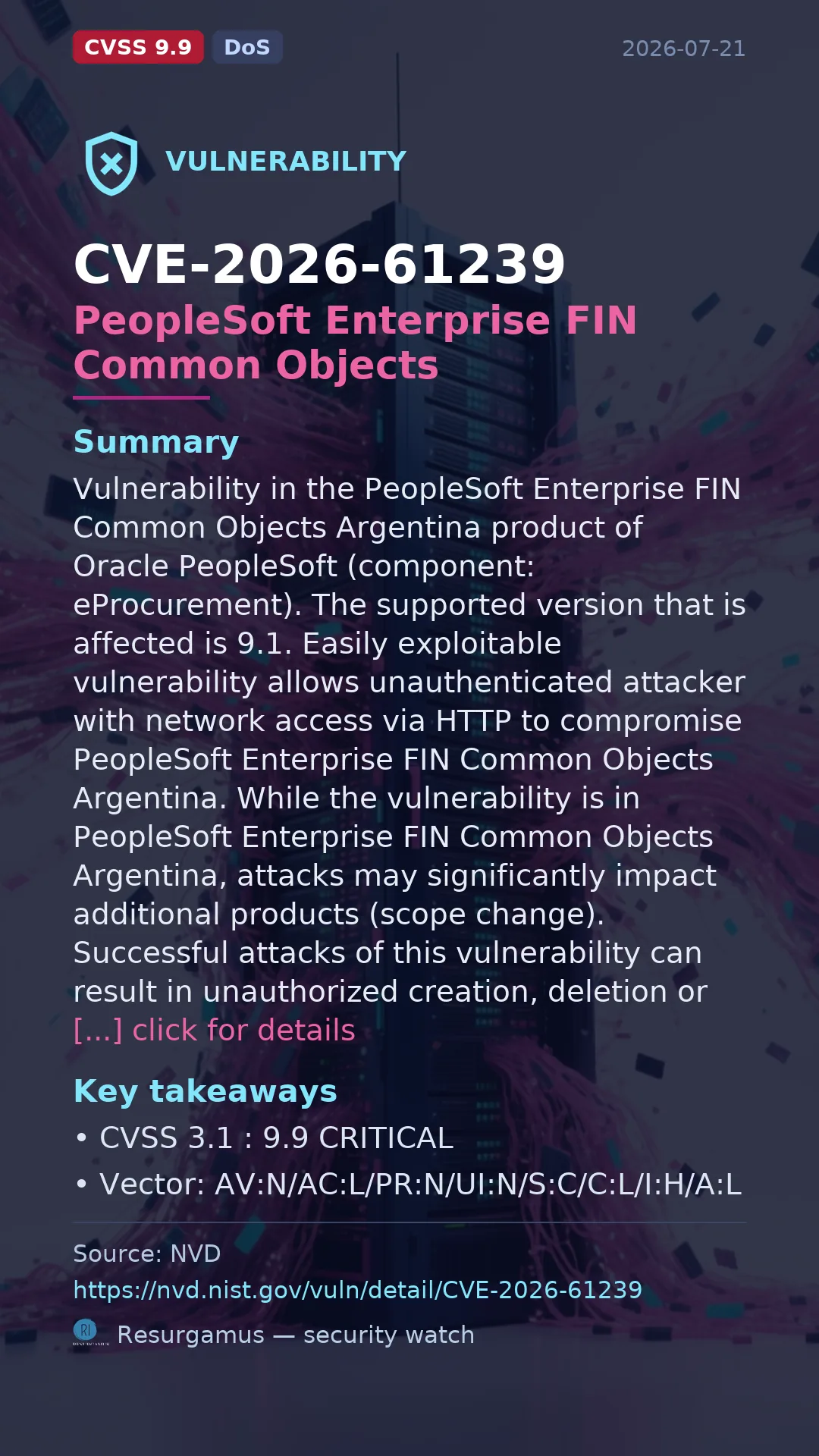 CVE-2026-61239 PeopleSoft Enterprise FIN Common Objects Vulnerability