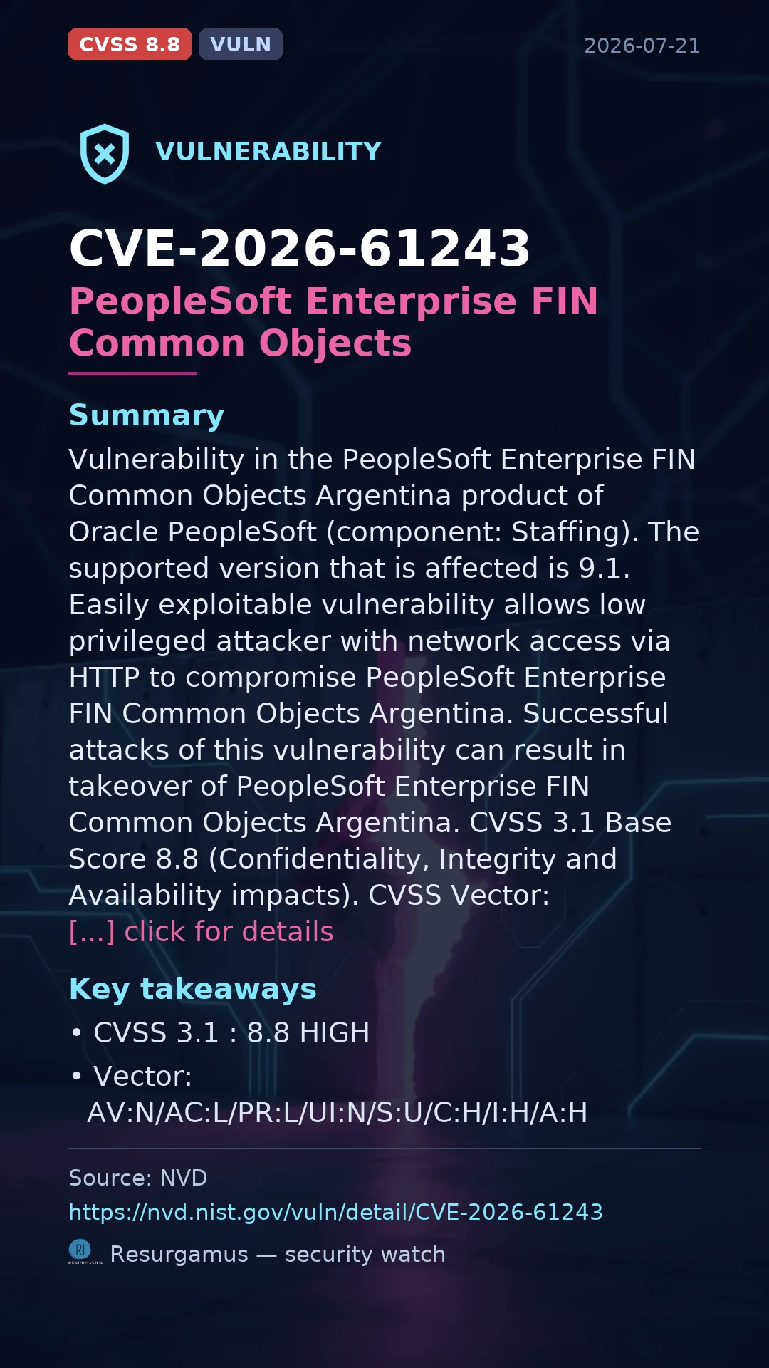 CVE-2026-61243 PeopleSoft Enterprise FIN Common Objects Vulnerability