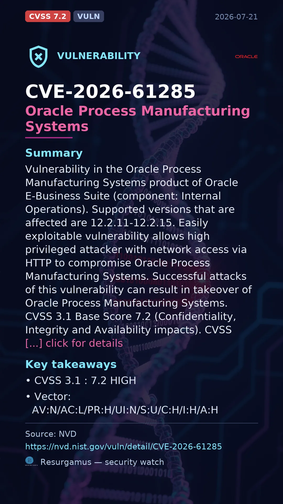 CVE-2026-61285 Oracle Process Manufacturing Systems Vulnerability