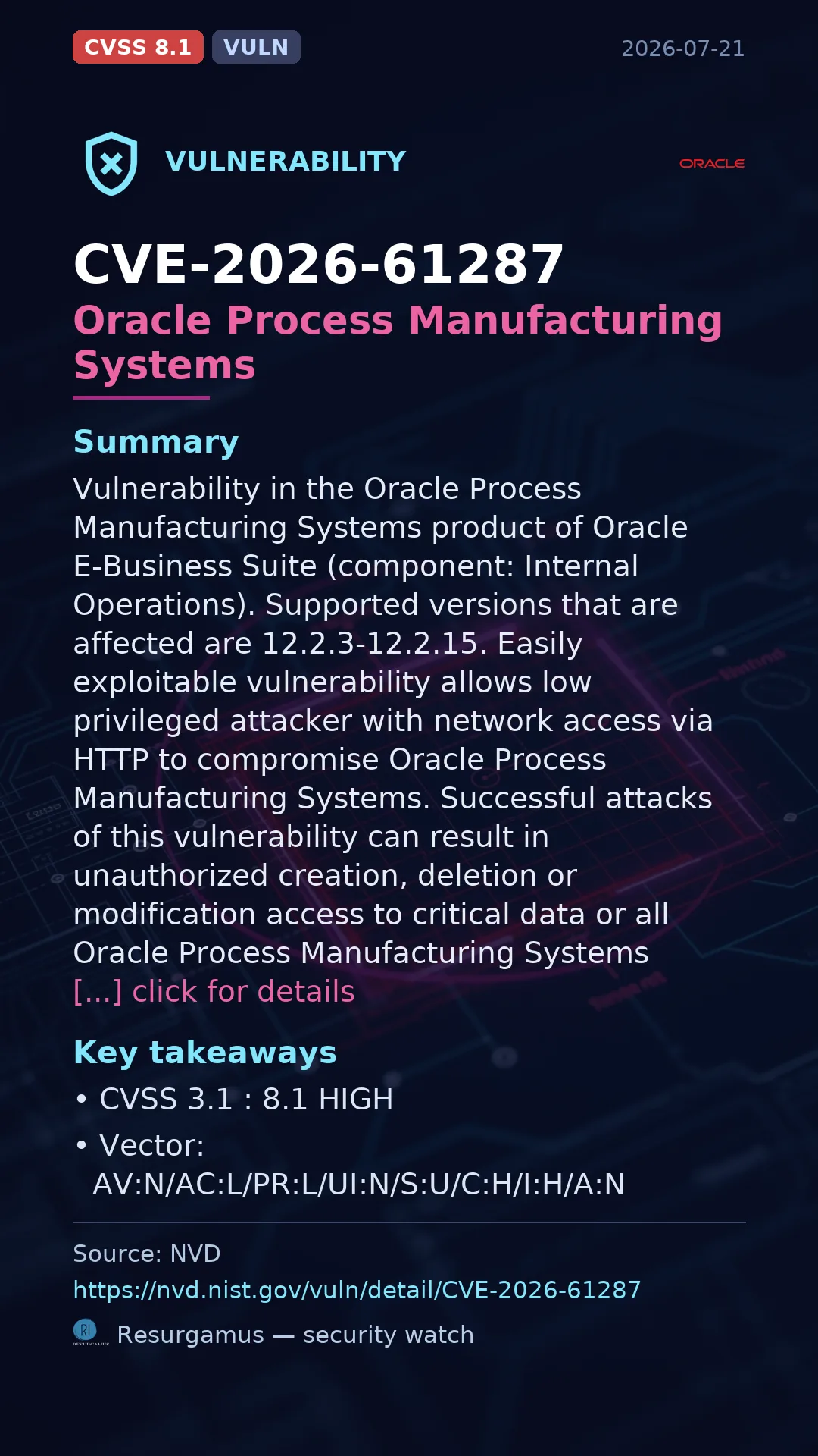 CVE-2026-61287 Oracle Process Manufacturing Systems Vulnerability