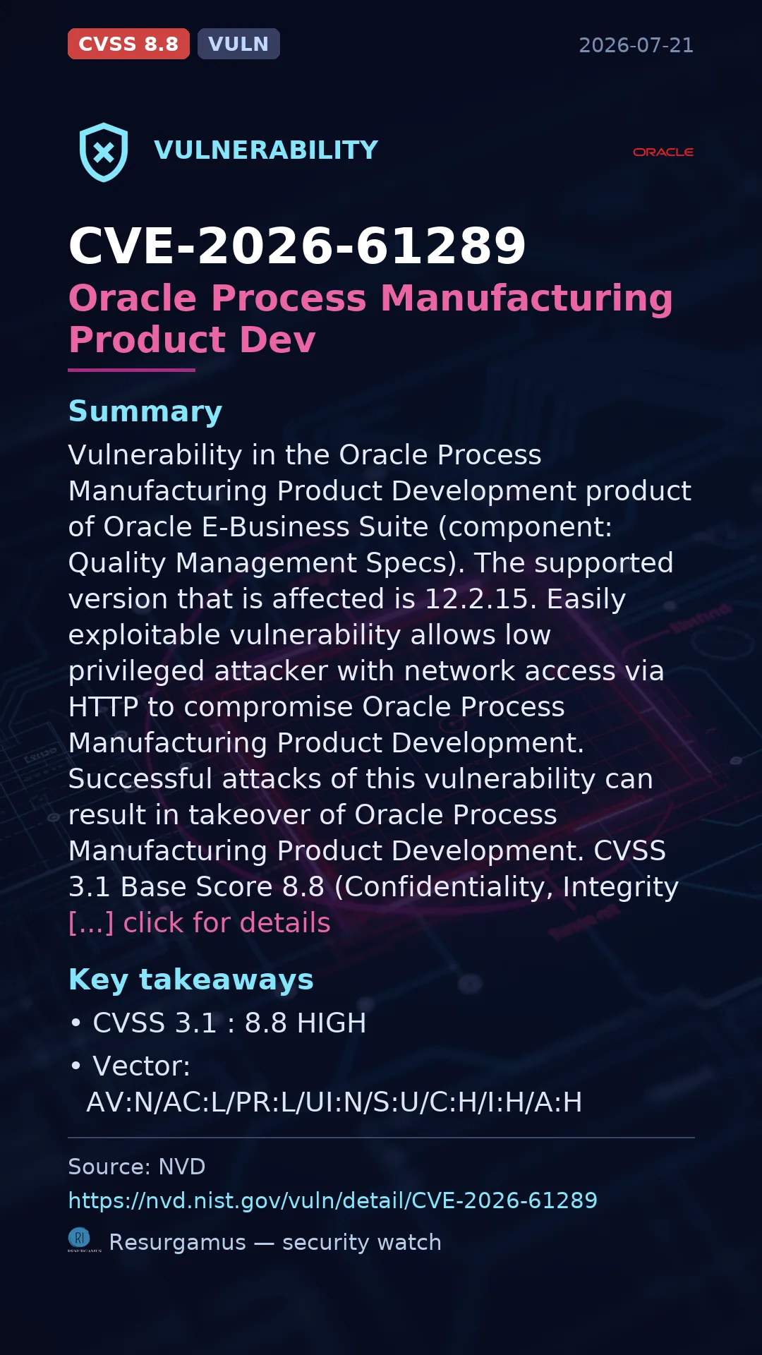CVE-2026-61289 Oracle Process Manufacturing Product Dev Vulnerability