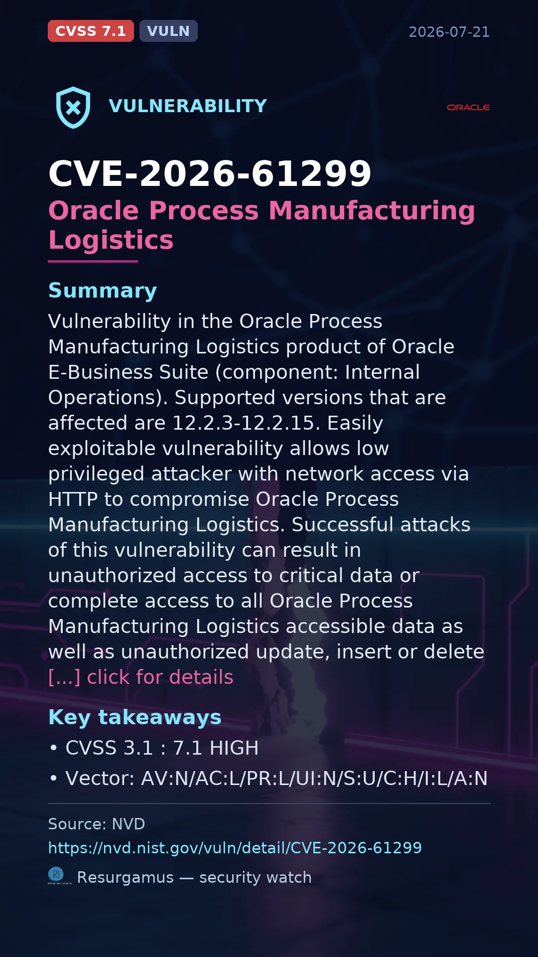 CVE-2026-61299 Oracle Process Manufacturing Logistics Vulnerability