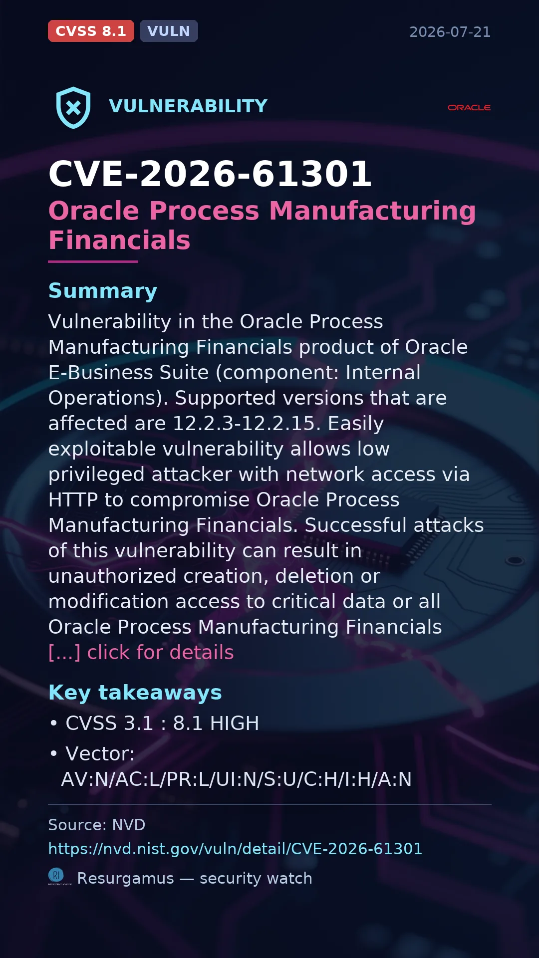 CVE-2026-61301 Oracle Process Manufacturing Financials Vulnerability
