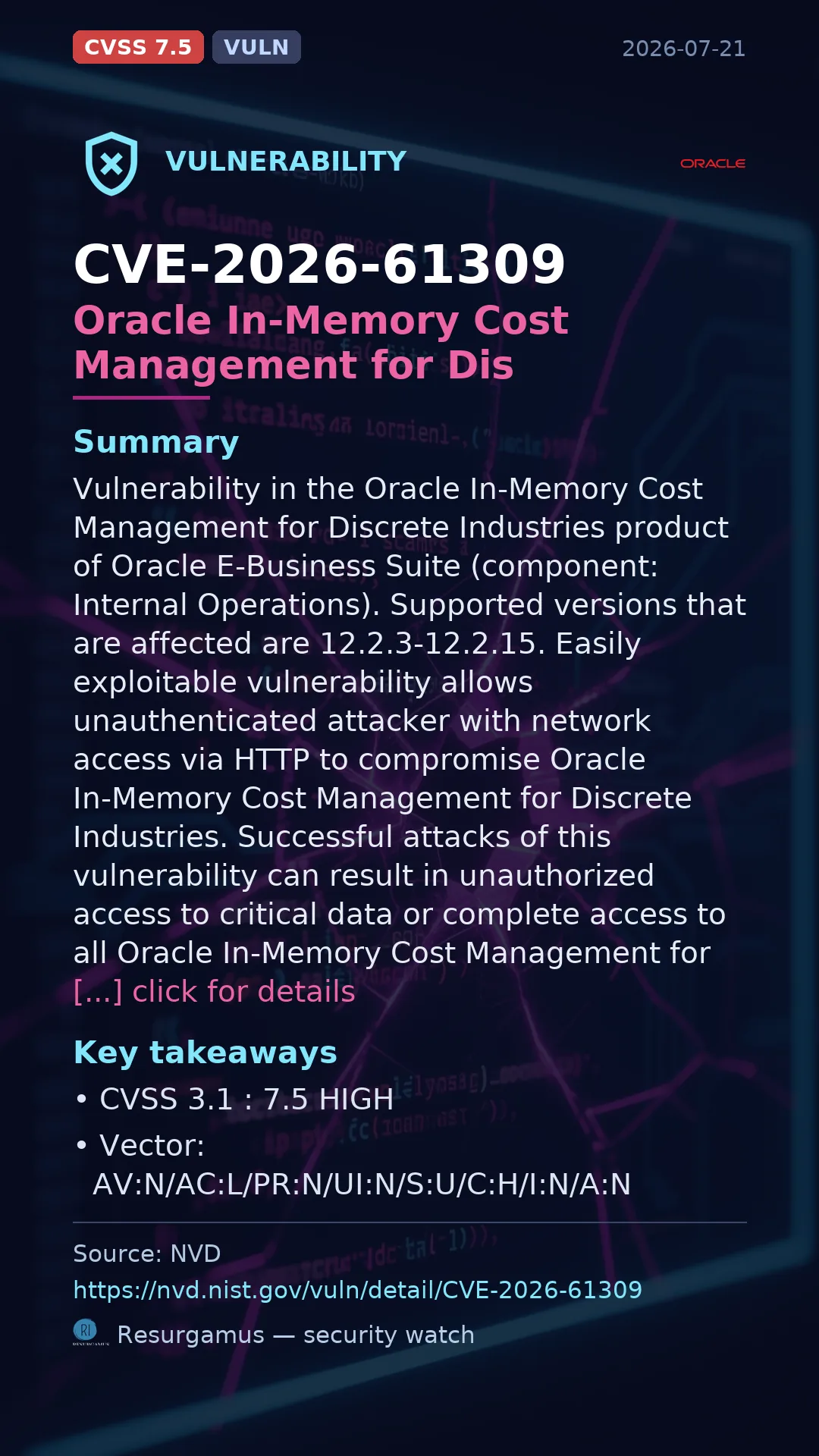 CVE-2026-61309 Oracle In-Memory Cost Management for Dis Vulnerability
