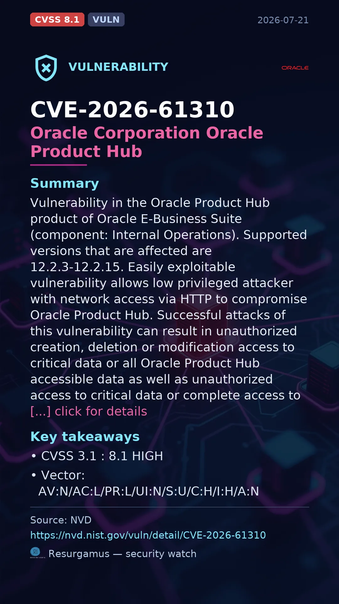 CVE-2026-61310 Oracle Corporation Oracle Product Hub Vulnerability