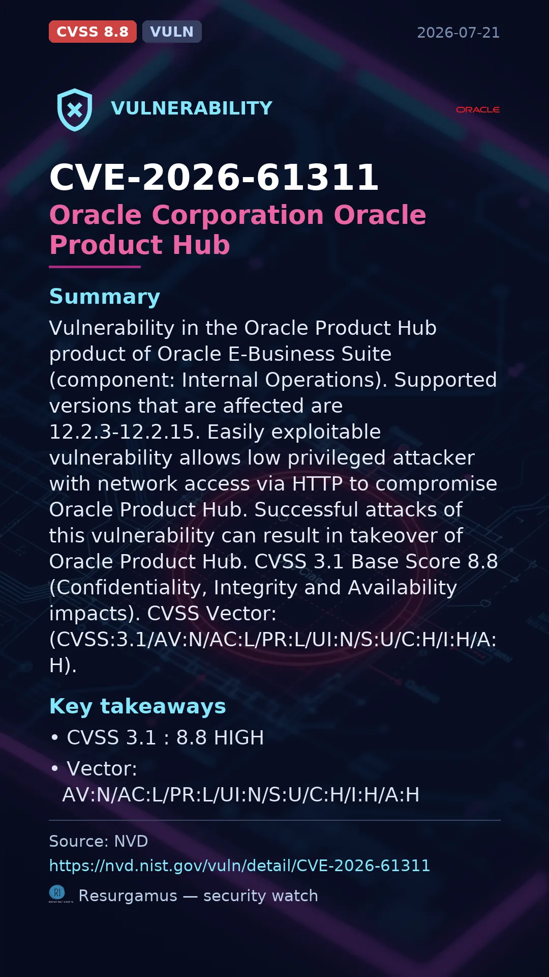 CVE-2026-61311 Oracle Corporation Oracle Product Hub Vulnerability