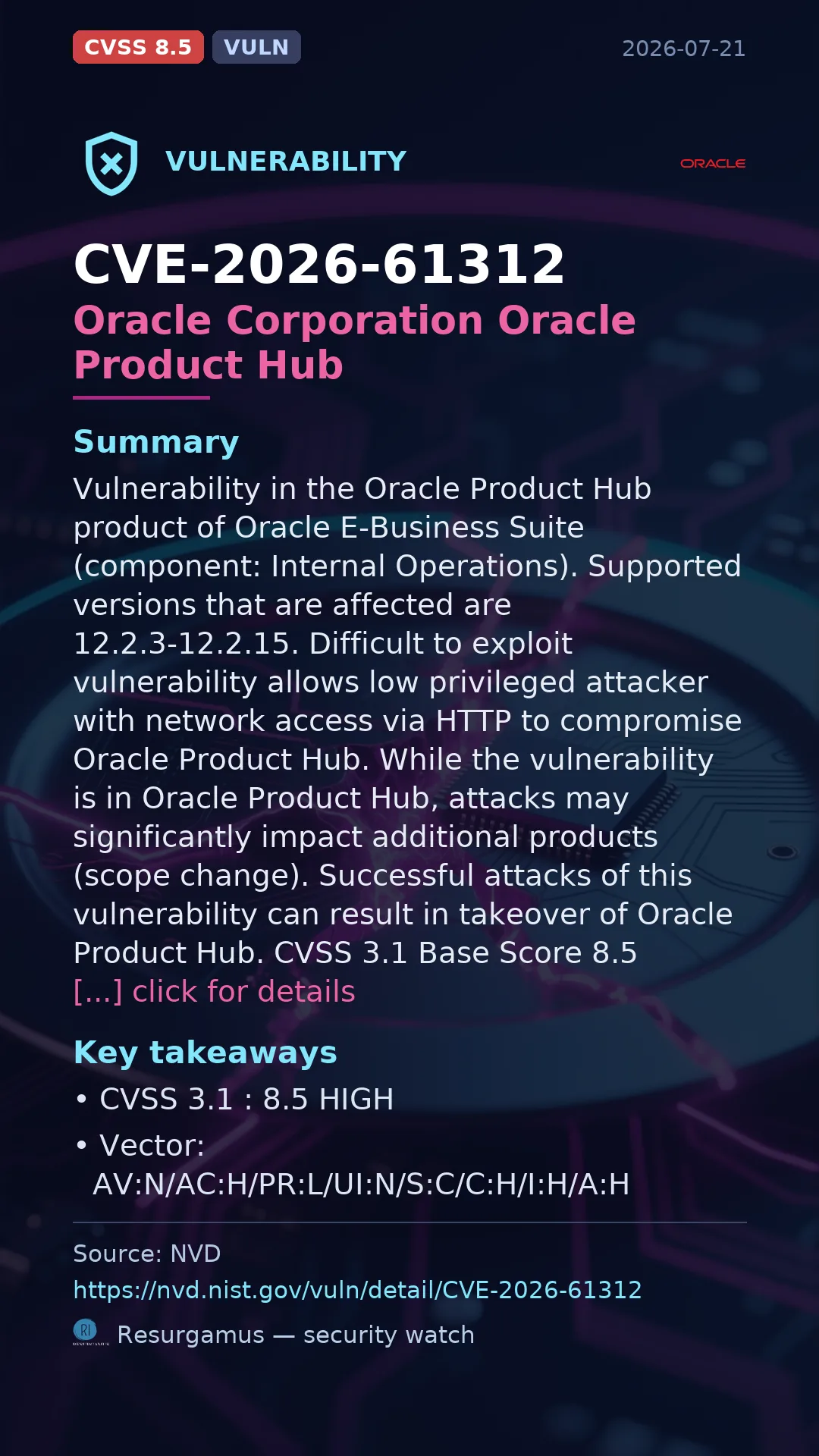 CVE-2026-61312 Oracle Corporation Oracle Product Hub Vulnerability