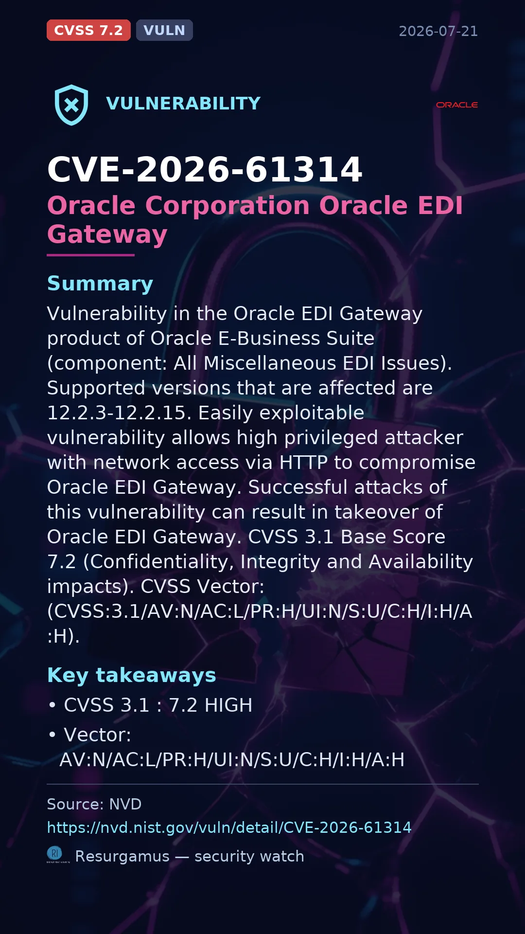 CVE-2026-61314 Oracle Corporation Oracle EDI Gateway Vulnerability