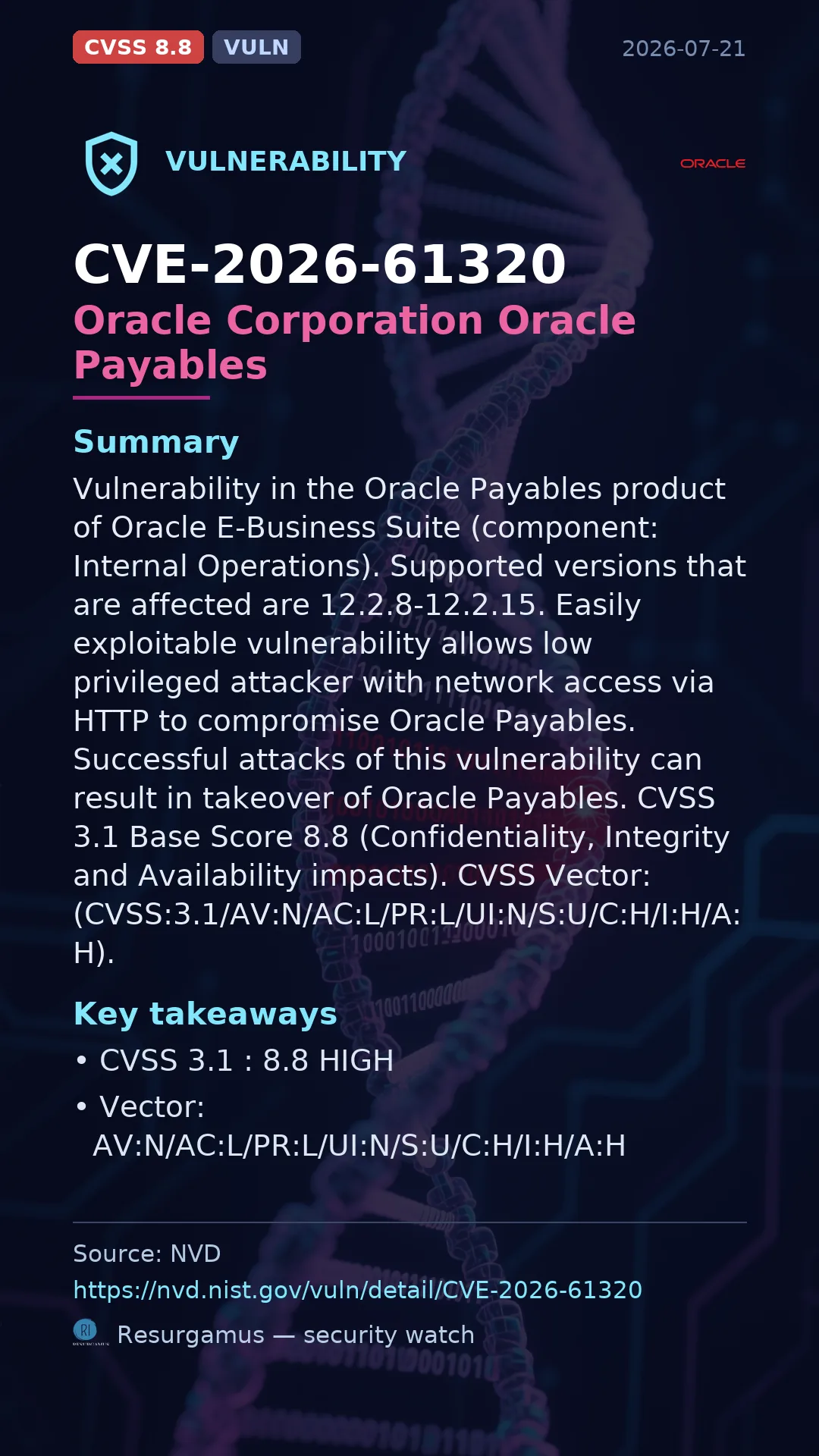 CVE-2026-61320 Oracle Corporation Oracle Payables Vulnerability
