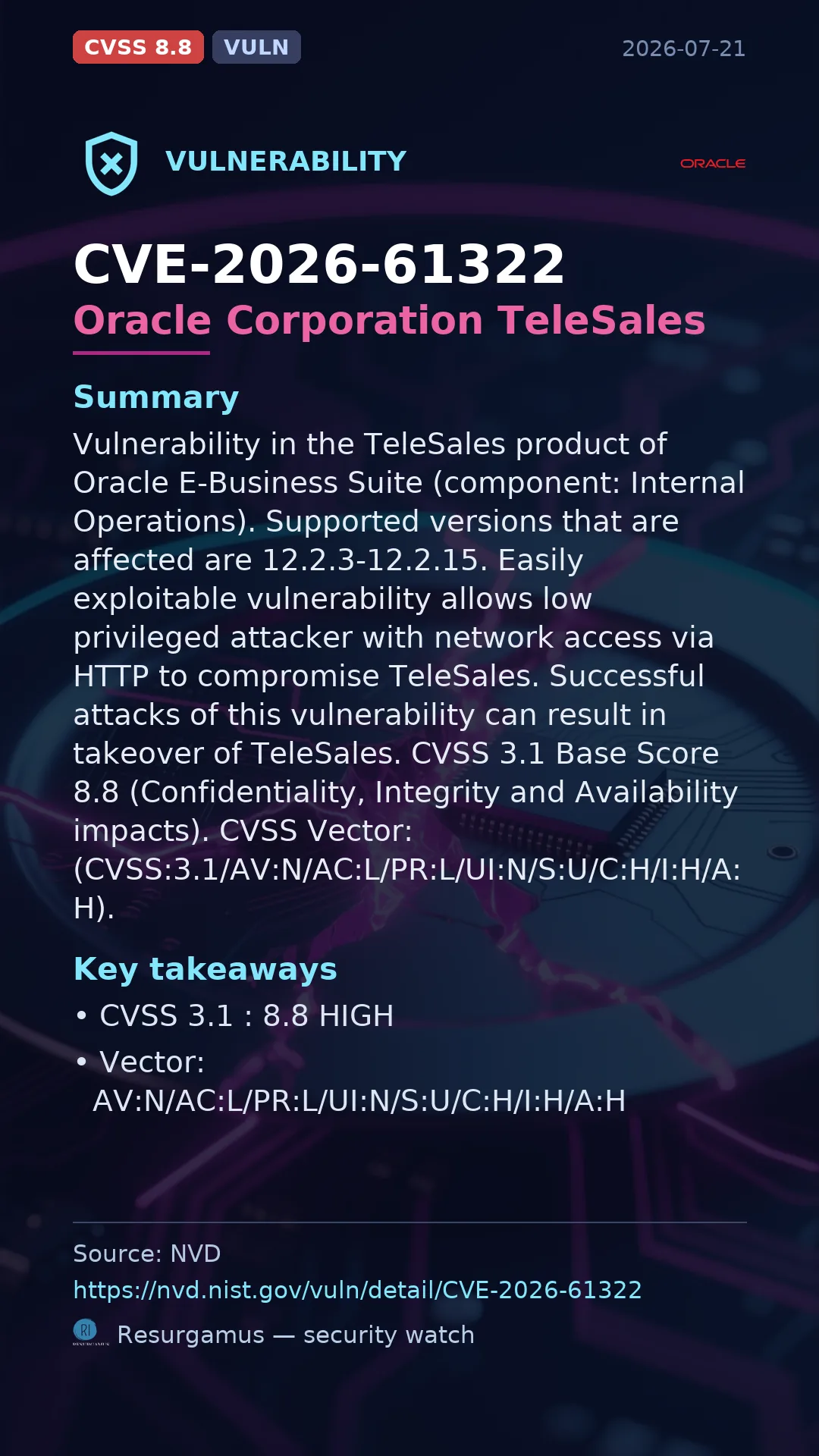 CVE-2026-61322 Oracle Corporation TeleSales Vulnerability