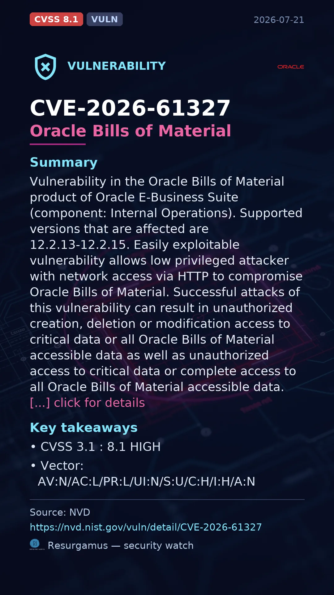 CVE-2026-61327 Oracle Bills of Material Vulnerability