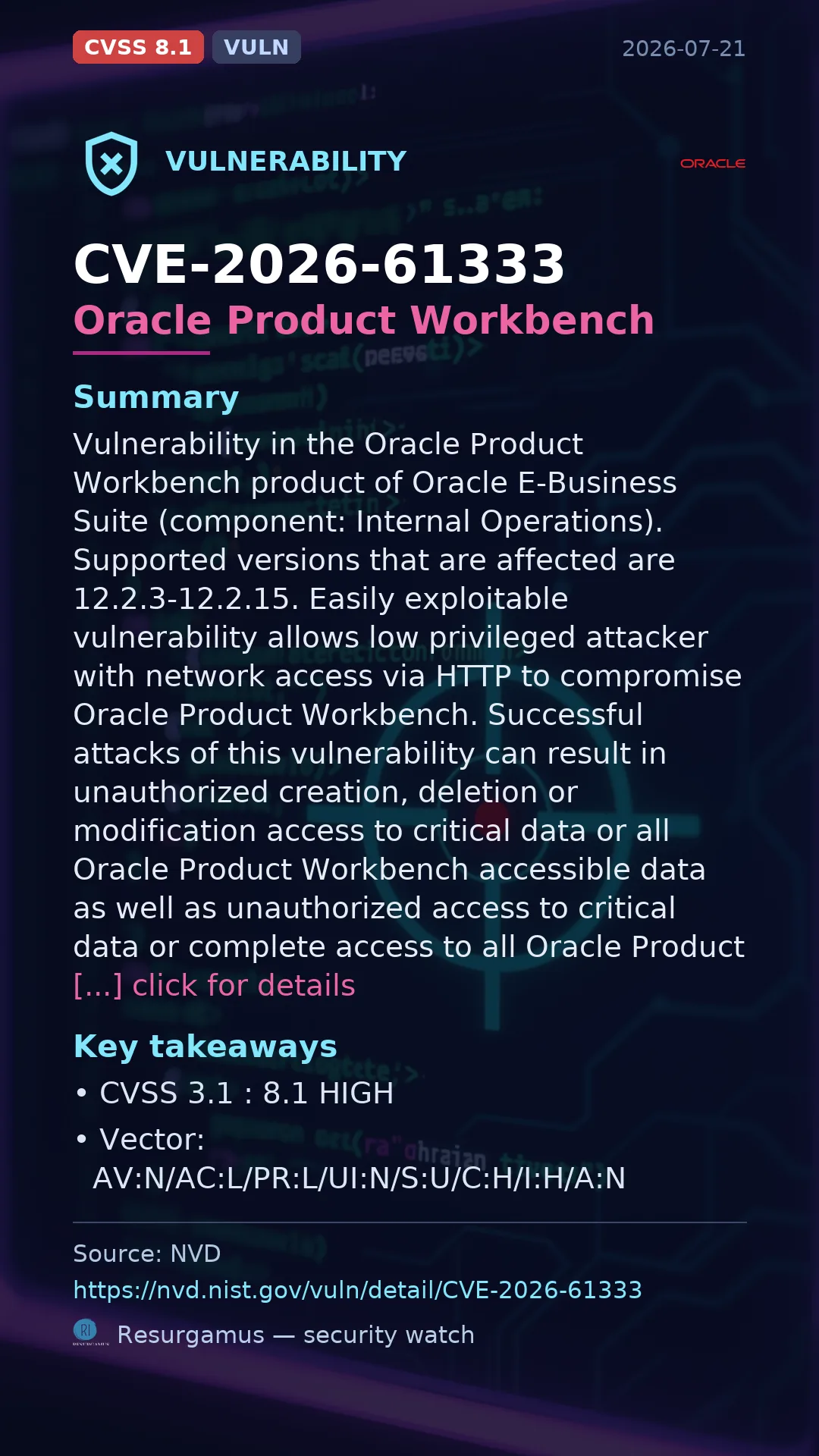 CVE-2026-61333 Oracle Product Workbench Vulnerability
