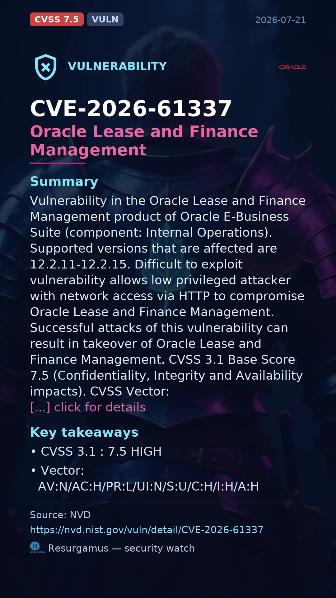 CVE-2026-61337 Oracle Lease and Finance Management Vulnerability