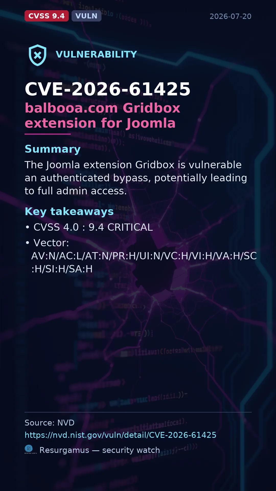 CVE-2026-61425 balbooa.com Gridbox extension for Joomla Vulnerability
