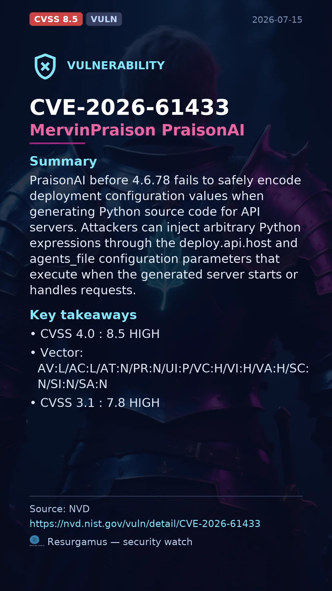 CVE-2026-61433 MervinPraison PraisonAI Vulnerability