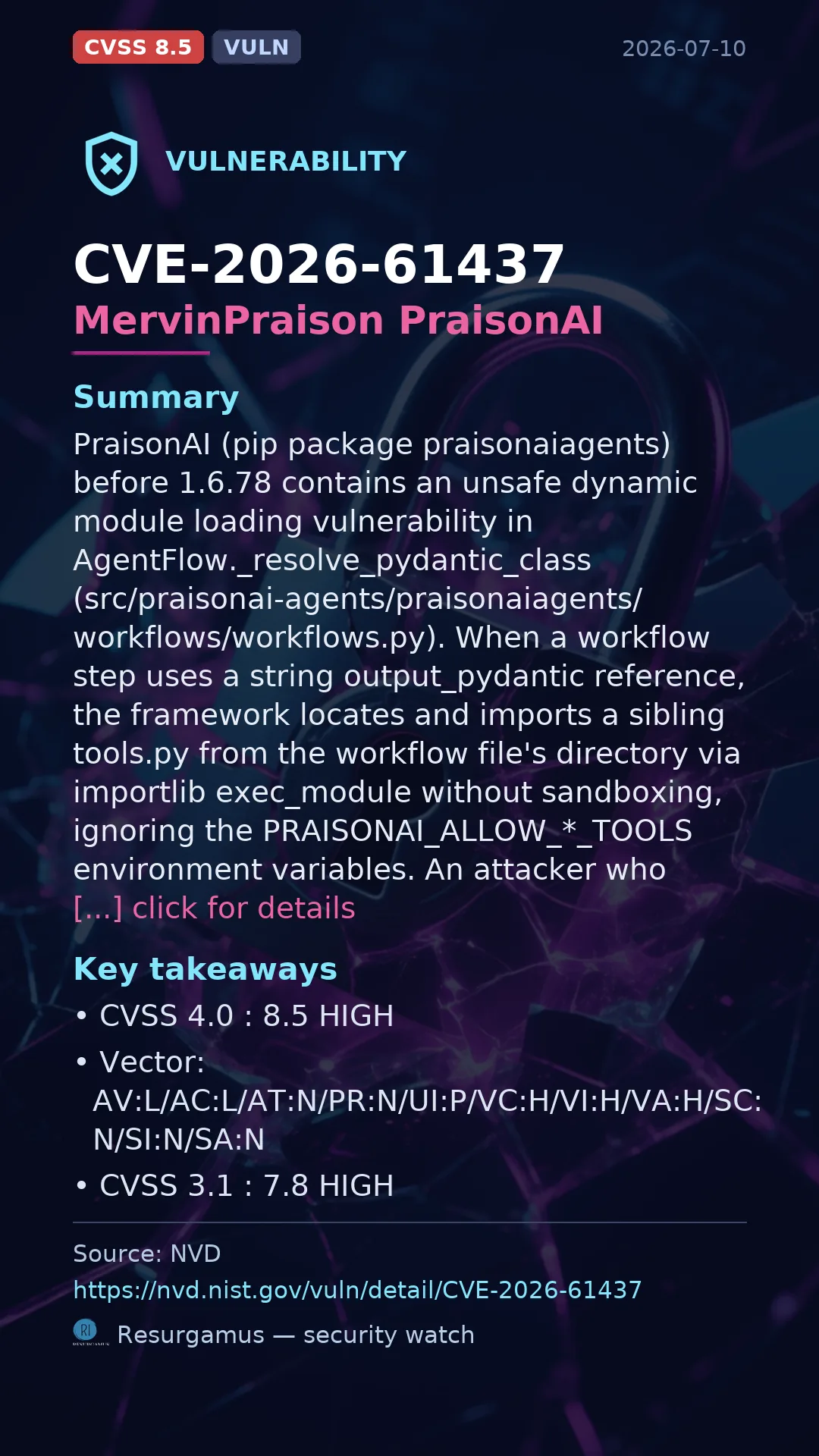 CVE-2026-61437 MervinPraison PraisonAI Vulnerability