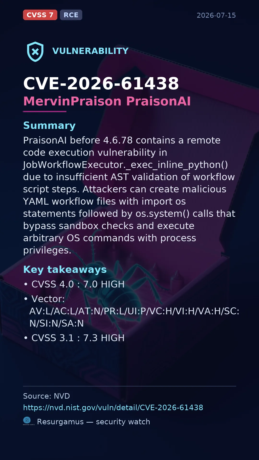 CVE-2026-61438 MervinPraison PraisonAI Vulnerability