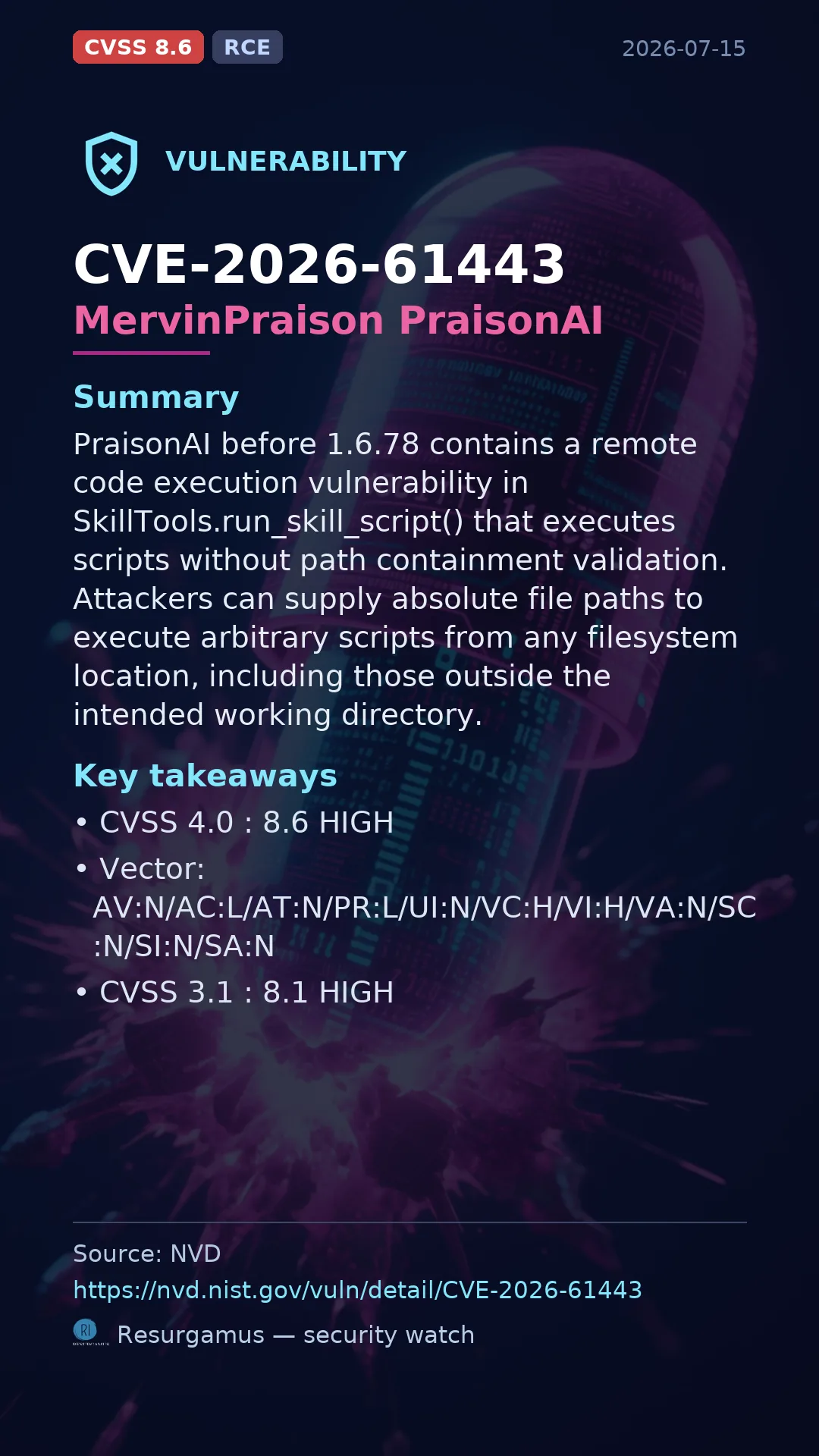 CVE-2026-61443 MervinPraison PraisonAI Vulnerability