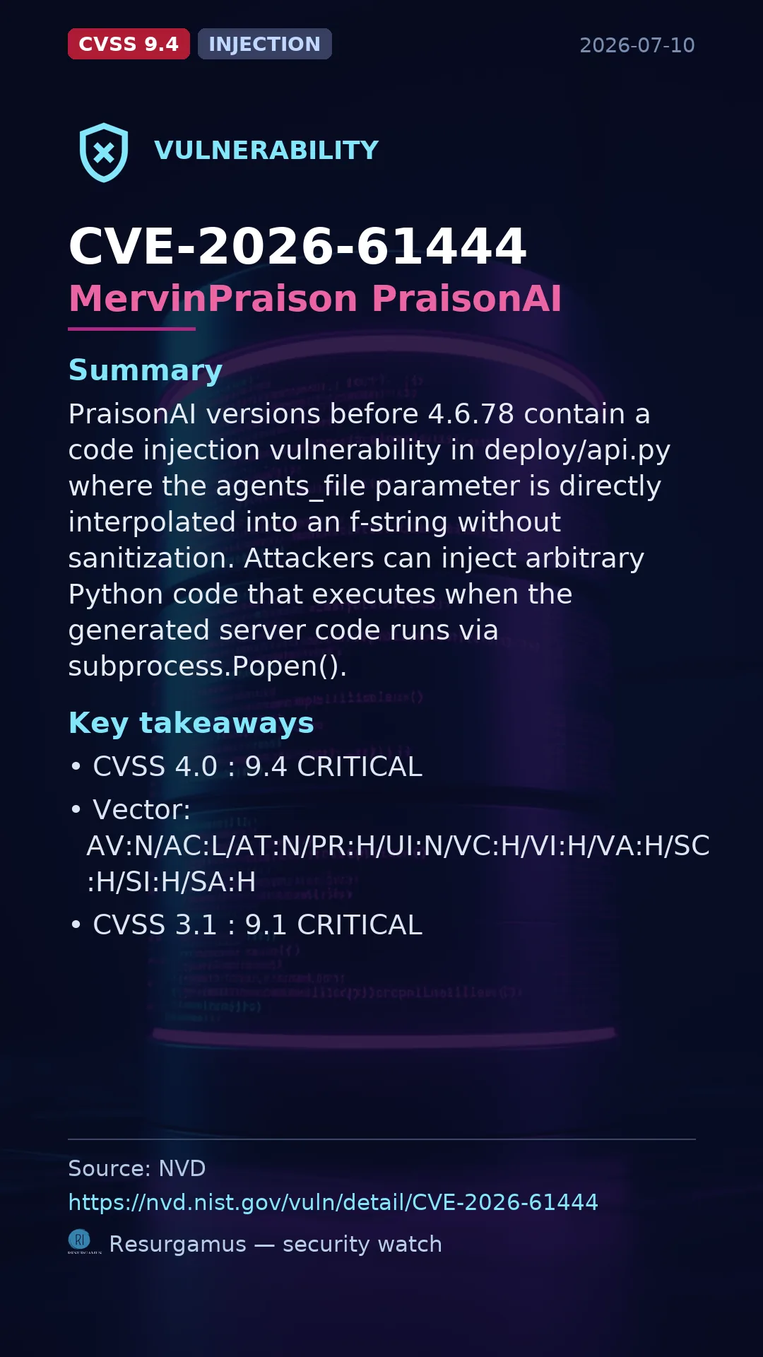 CVE-2026-61444 MervinPraison PraisonAI Vulnerability