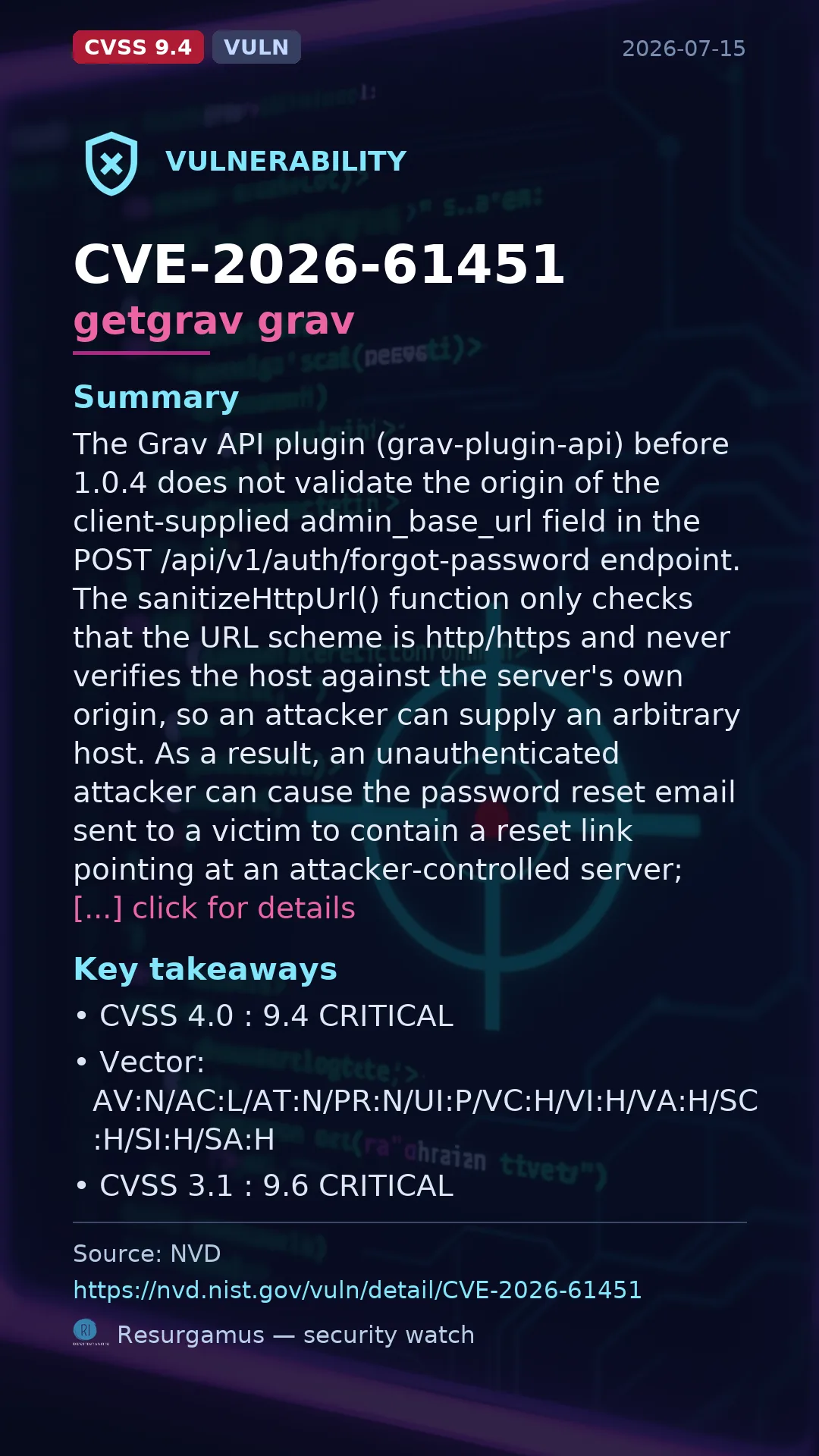 CVE-2026-61451 getgrav grav Vulnerability