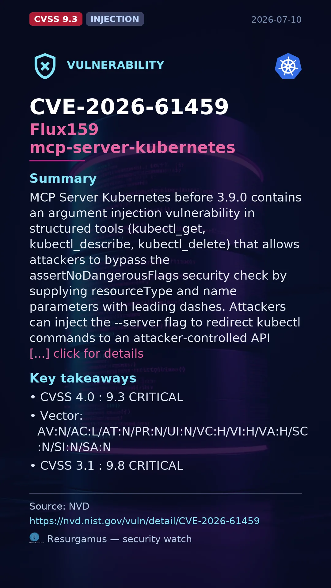 CVE-2026-61459 Flux159 mcp-server-kubernetes Vulnerability