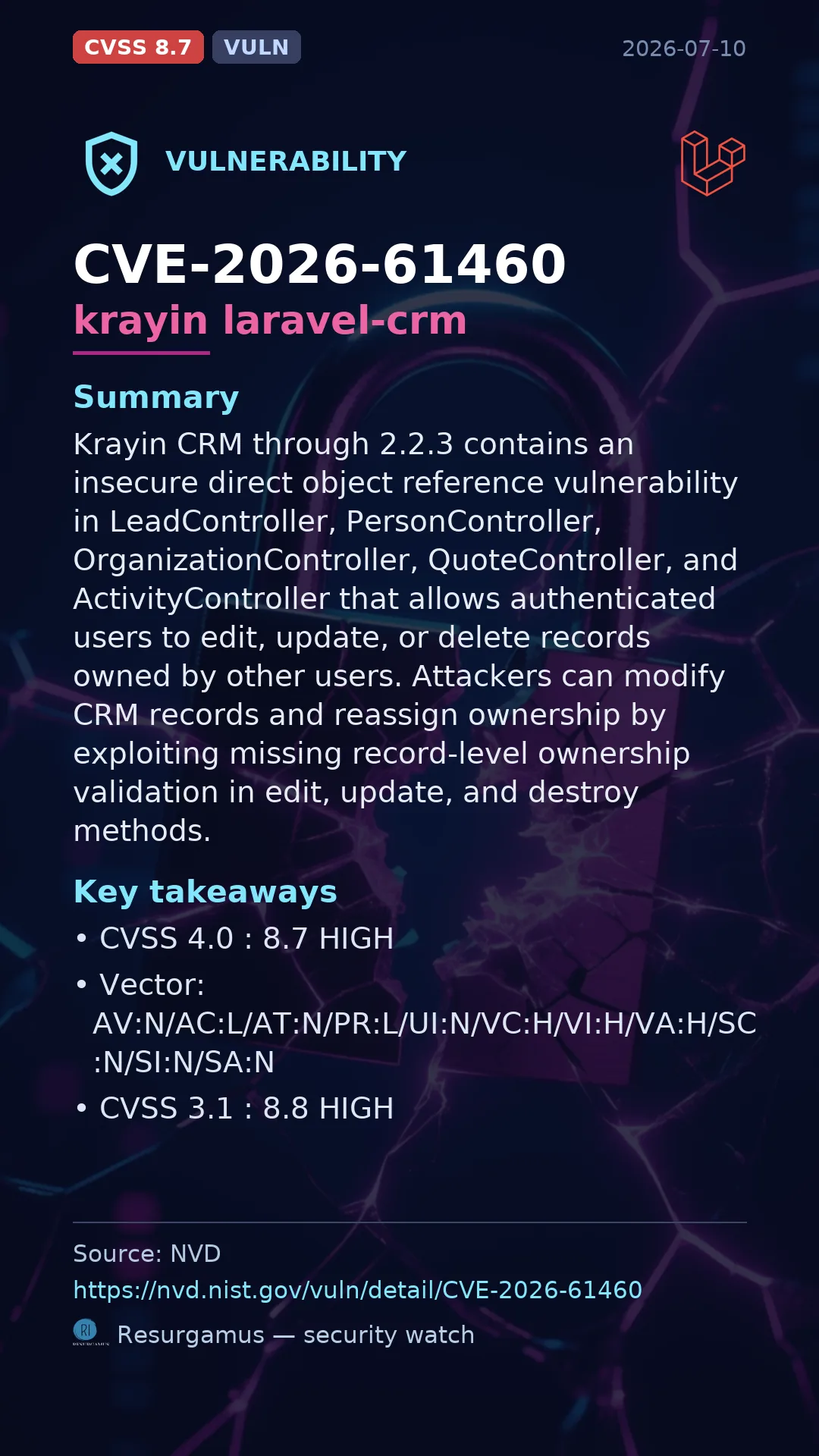 CVE-2026-61460 krayin laravel-crm Vulnerability