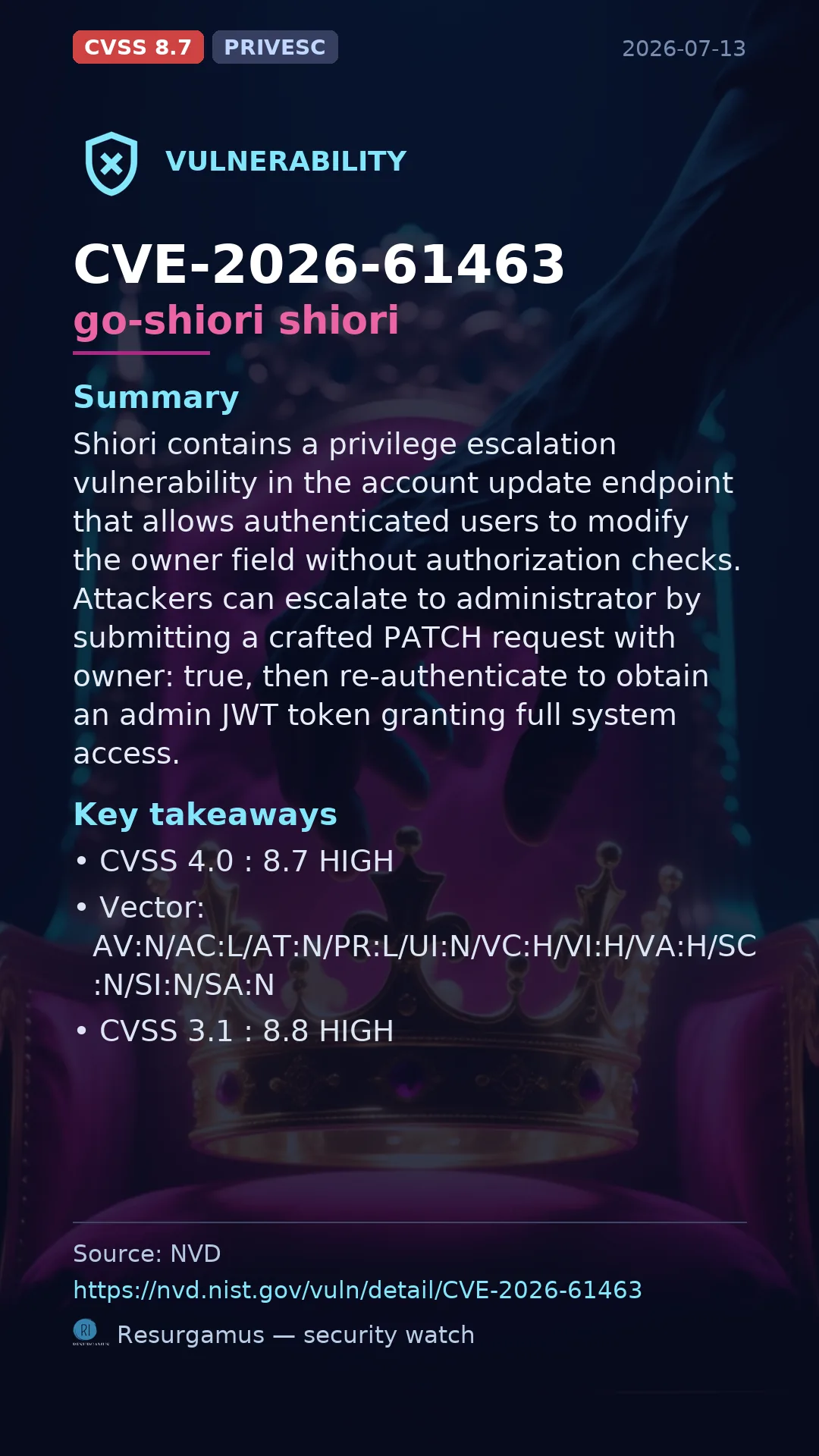CVE-2026-61463 go-shiori shiori Vulnerability