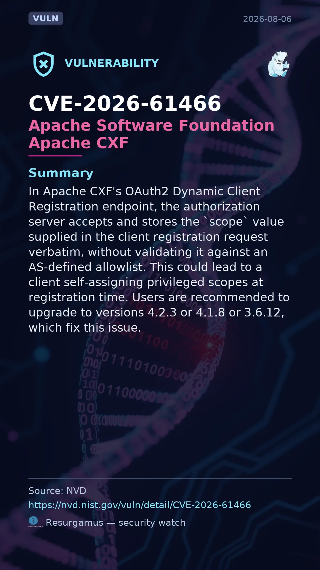 CVE-2026-61466 Apache Software Foundation Apache CXF Vulnerability